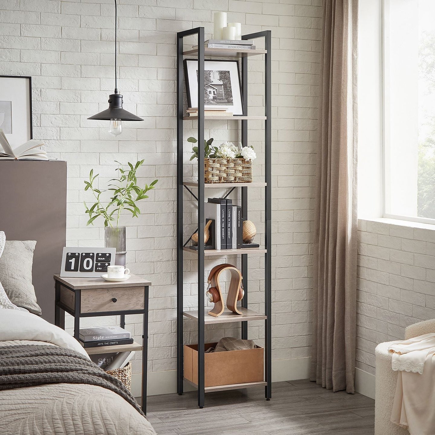 6-Tier Bookshelf - Wood - Rustic Brown and Black - Industrial Open Storage Design