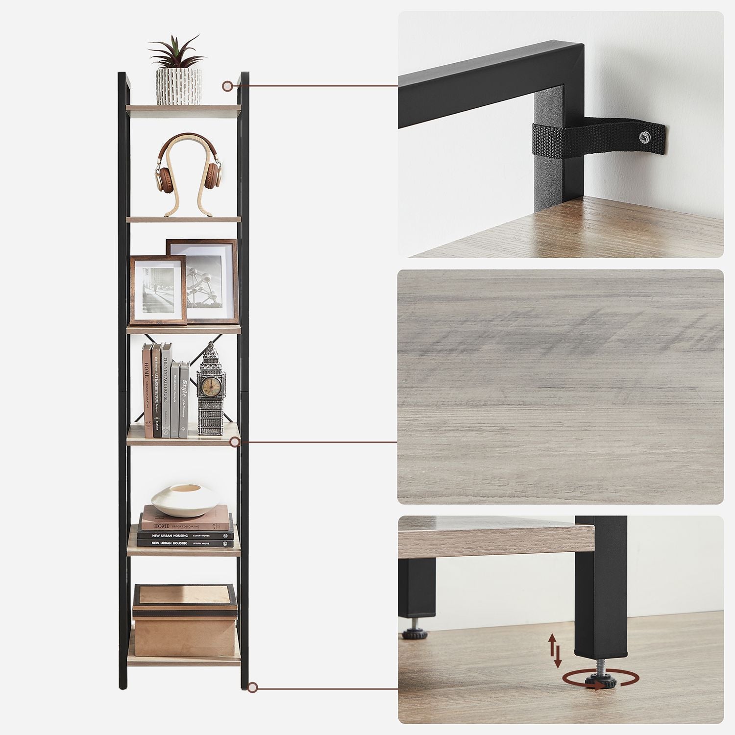 6-Tier Bookshelf - Wood - Rustic Brown and Black - Industrial Open Storage Design