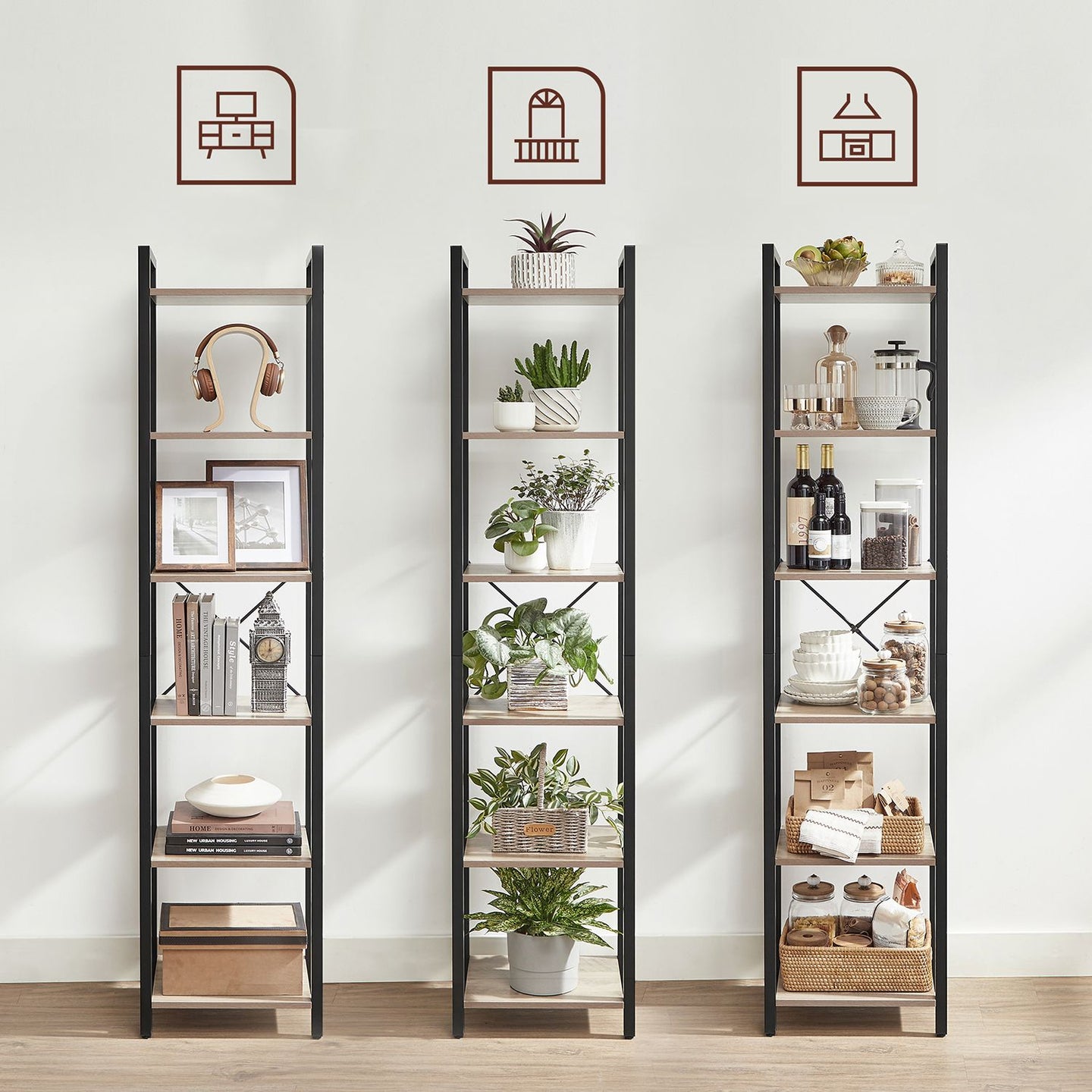 6-Tier Bookshelf - Wood - Rustic Brown and Black - Industrial Open Storage Design