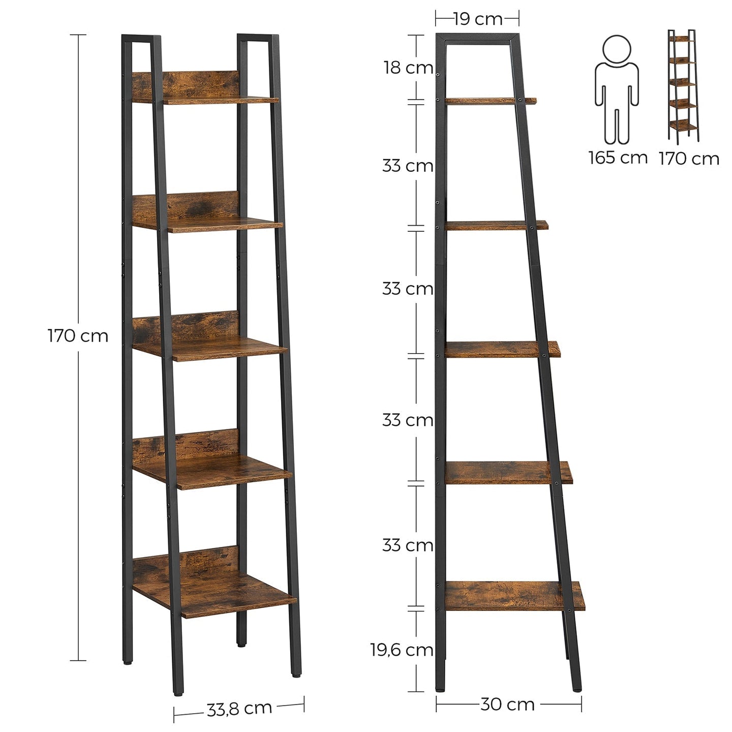 5-Tier Narrow Storage Shelf - Steel Frame - Rustic Brown and Black