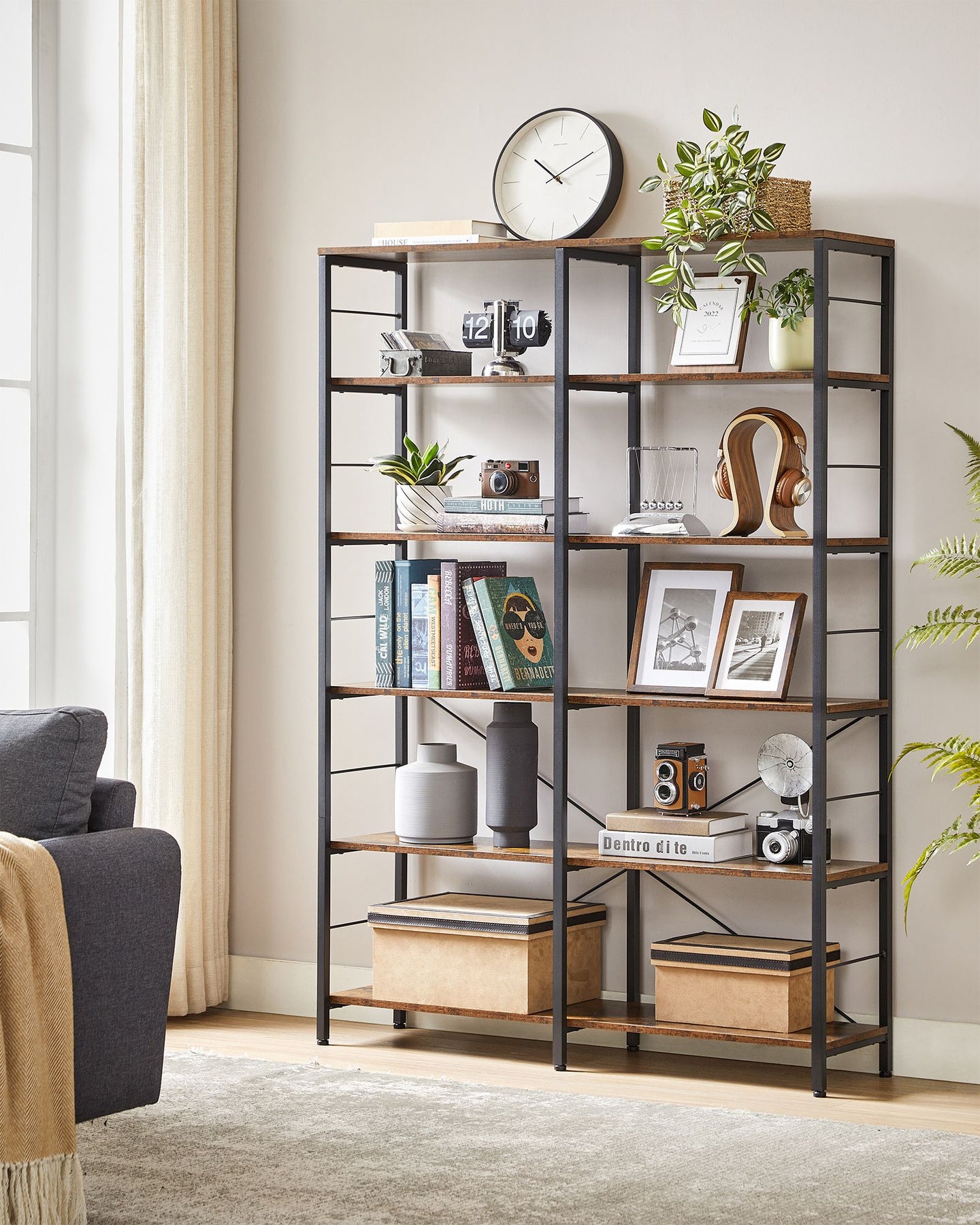 6-Tier Bookshelf - Engineered Wood - Rustic Brown and Black