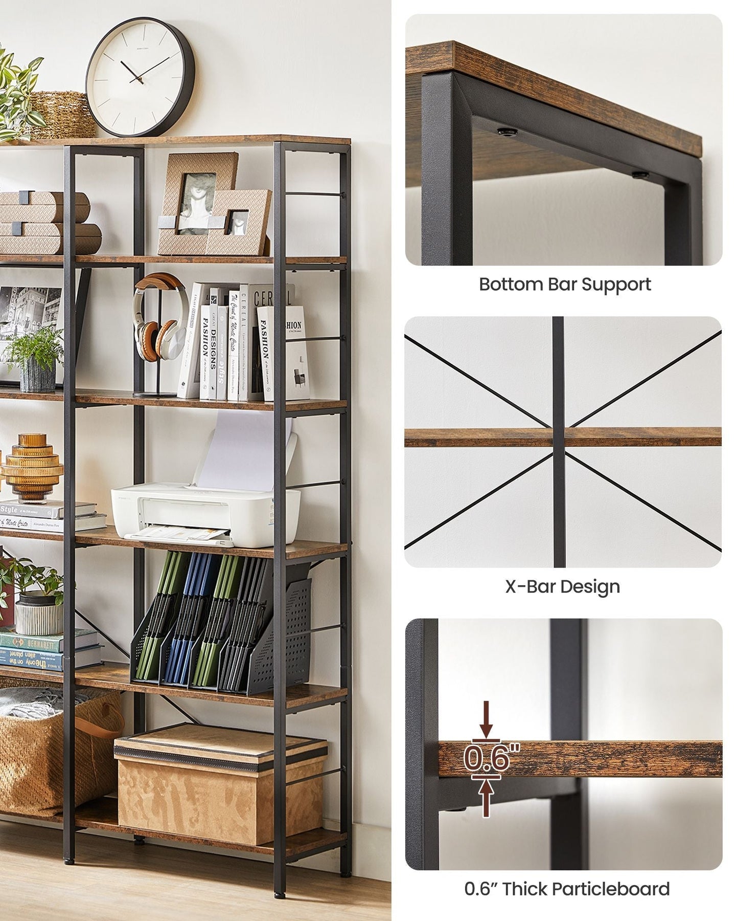 6-Tier Bookshelf - Engineered Wood - Rustic Brown and Black