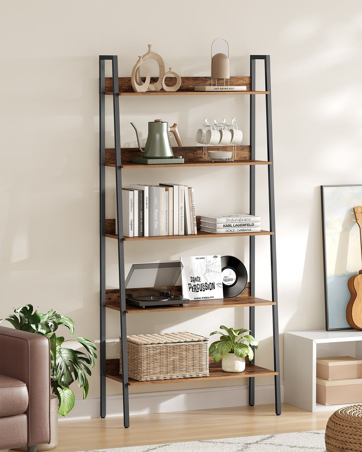 5-Tier Ladder Shelf - Metal - Rustic Brown