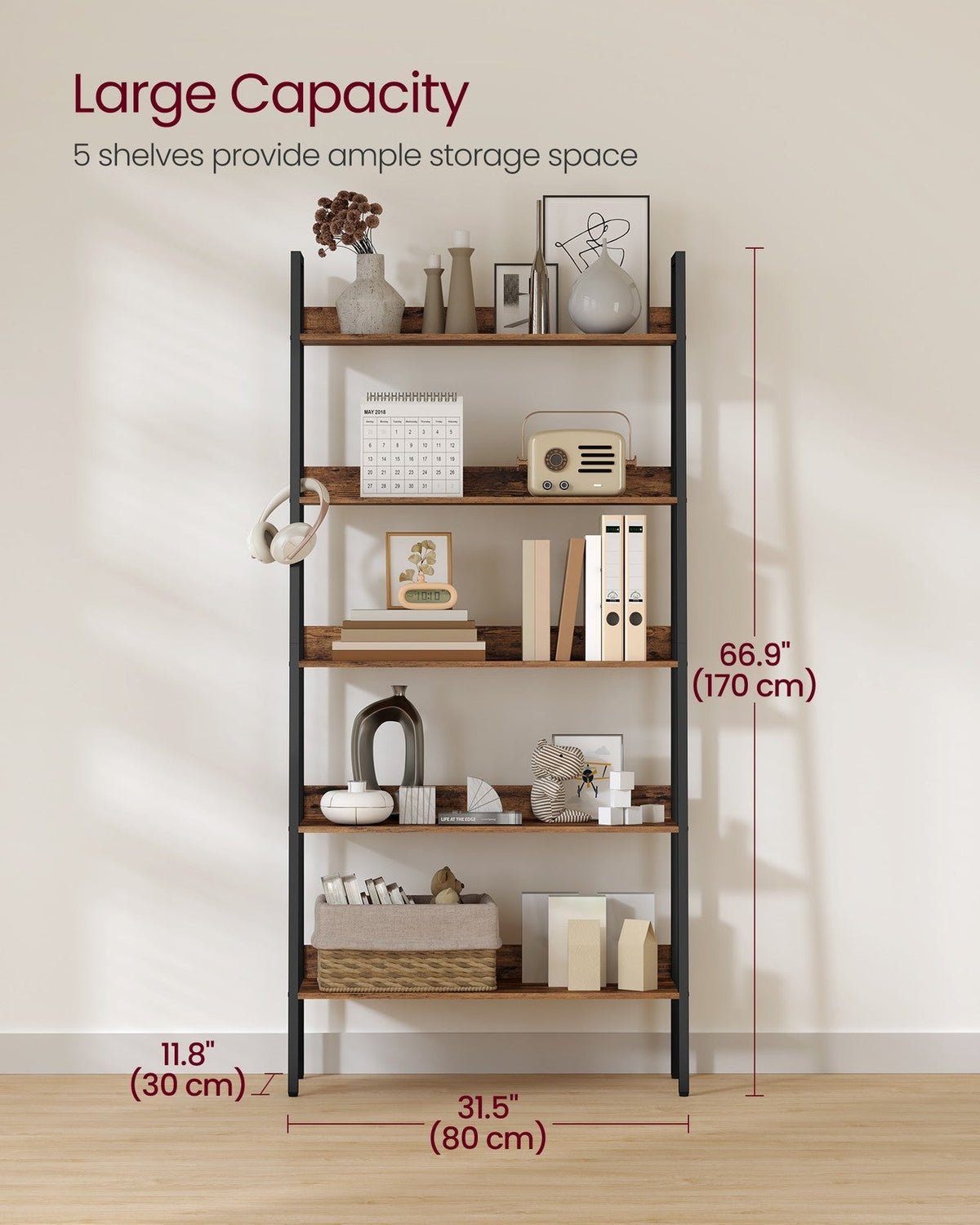 5-Tier Ladder Shelf - Metal - Rustic Brown