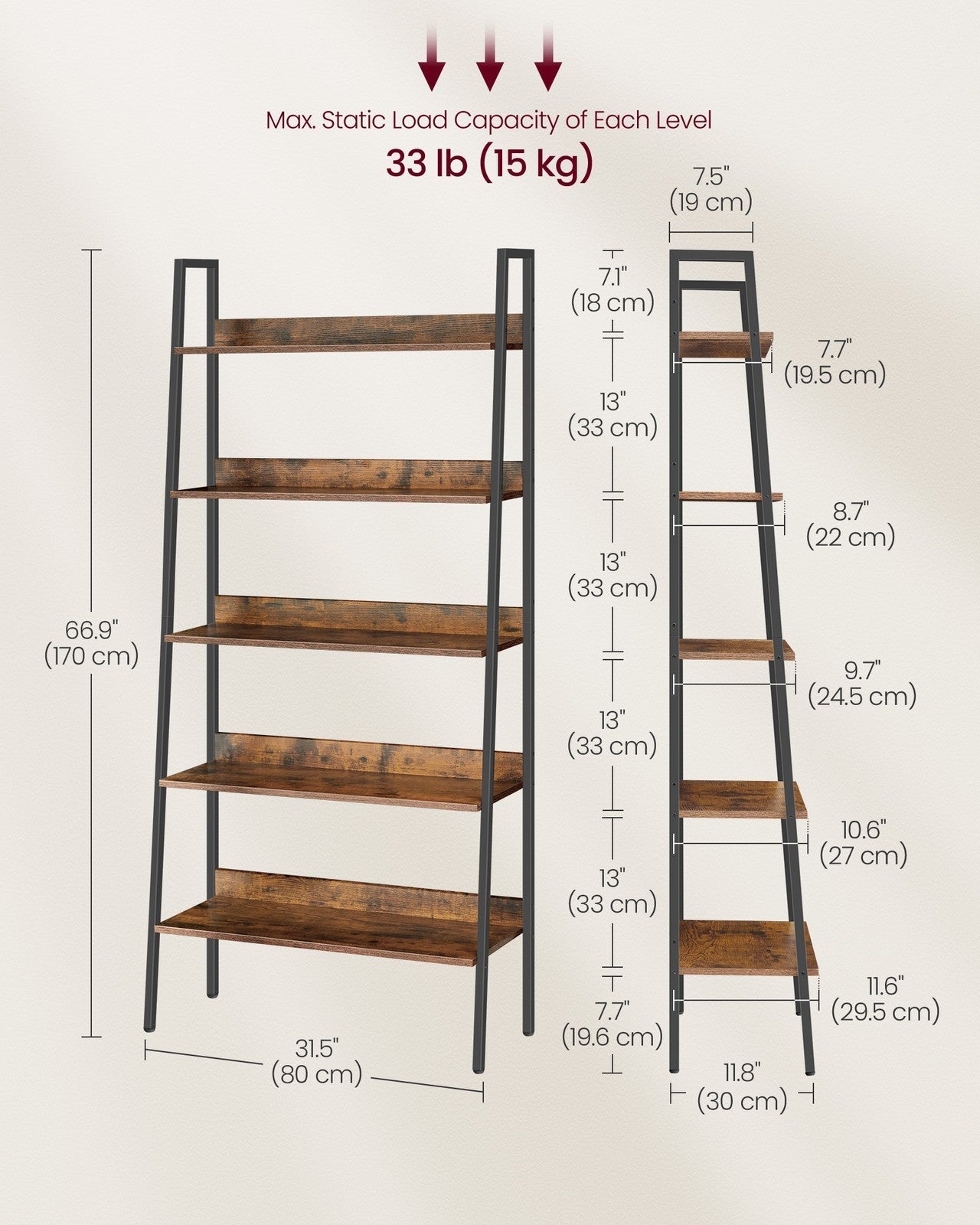 5-Tier Ladder Shelf - Metal - Rustic Brown