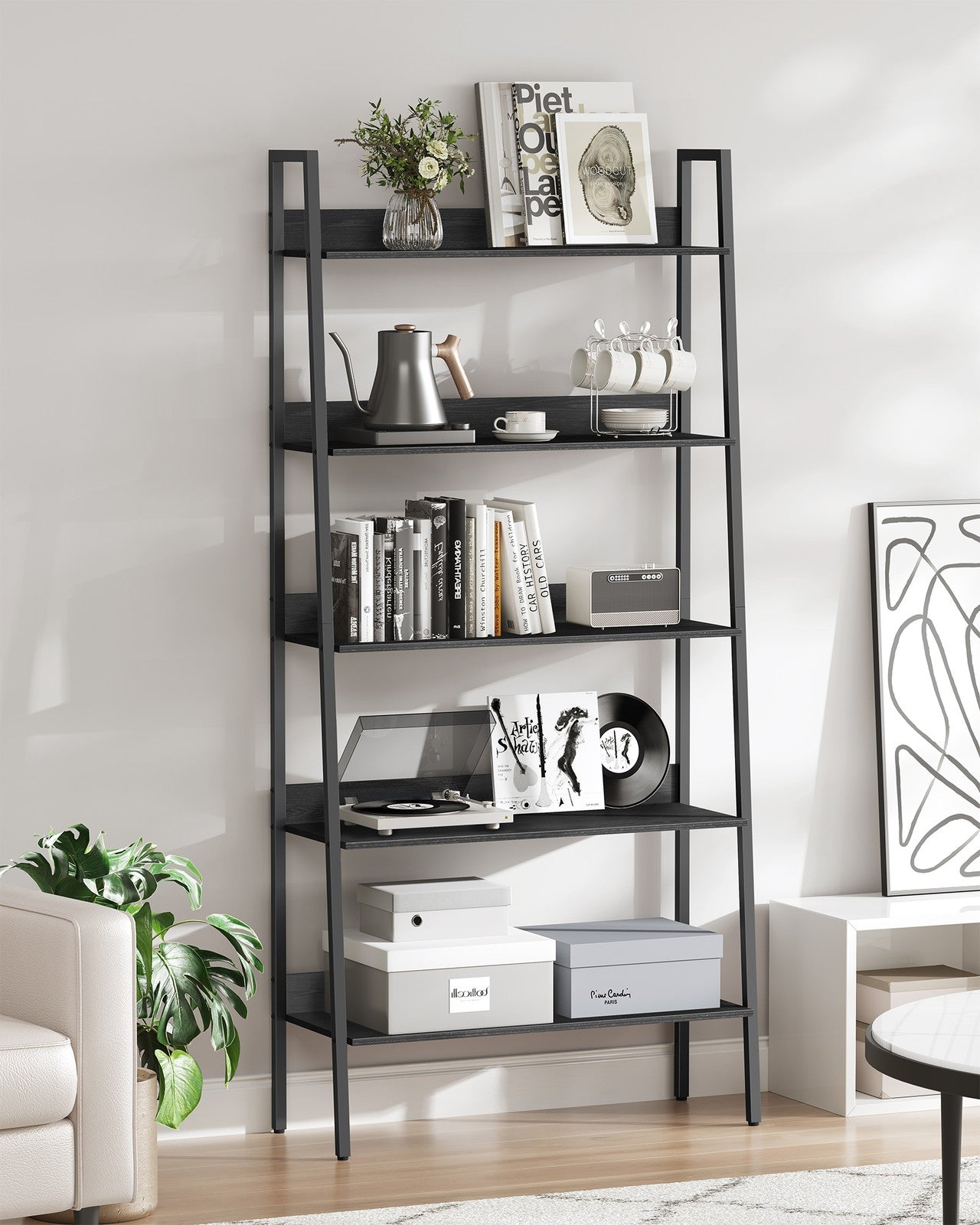 5-Tier Ladder Shelf - Metal - Ebony Black - Freestanding Design for Home and Office