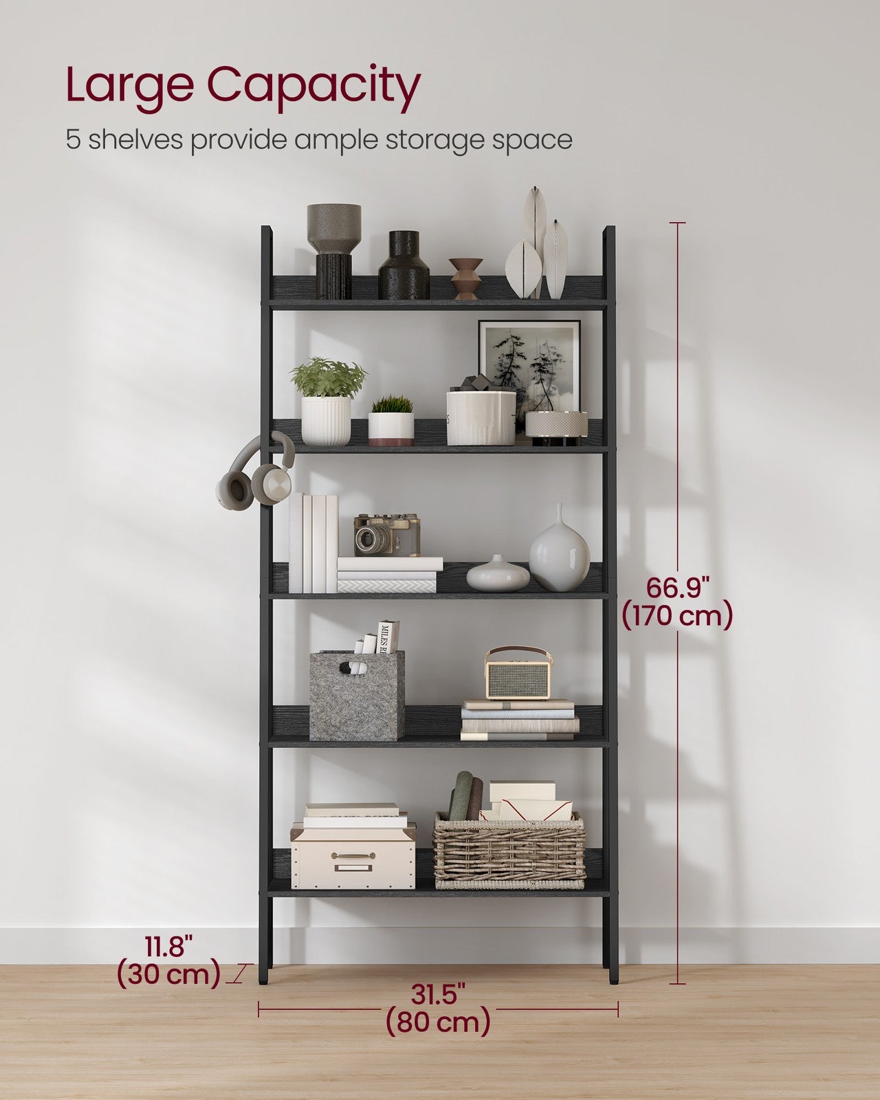 5-Tier Ladder Shelf - Metal - Ebony Black - Freestanding Design for Home and Office
