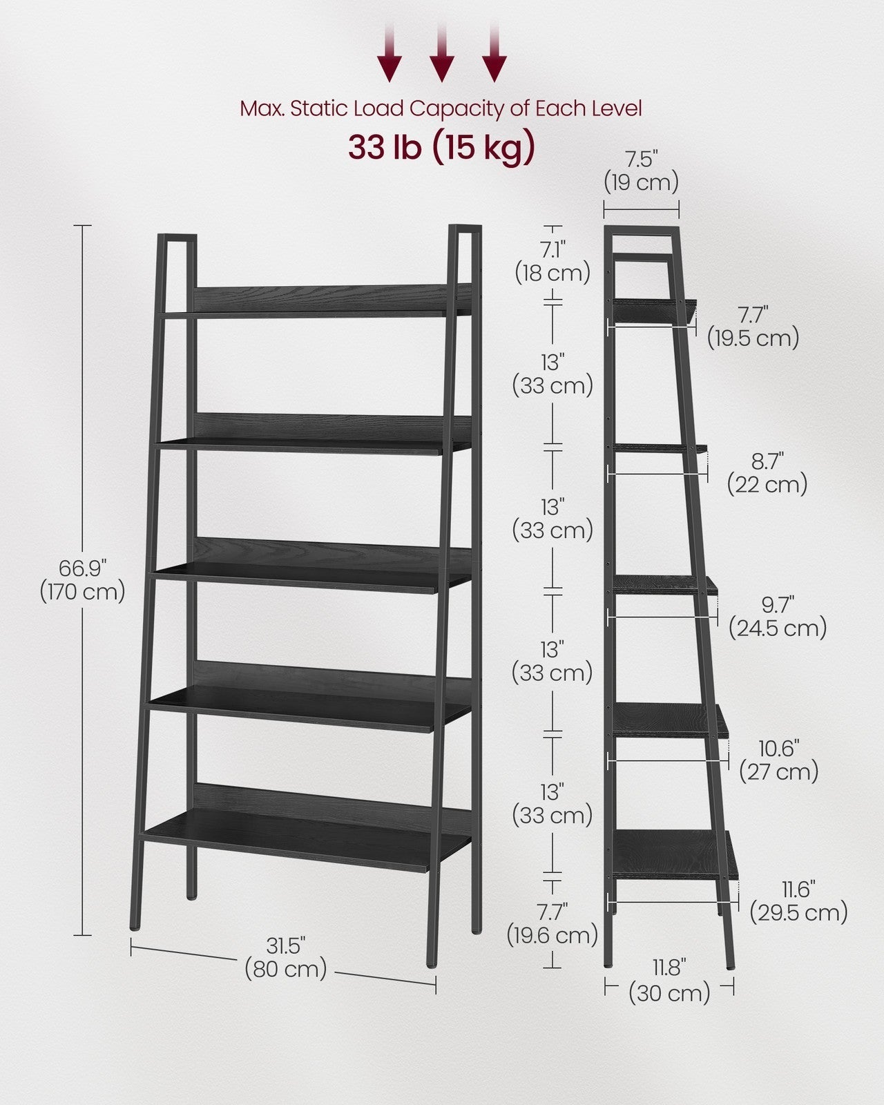 5-Tier Ladder Shelf - Metal - Ebony Black - Freestanding Design for Home and Office