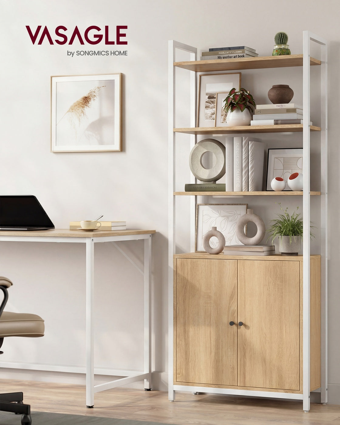 6-Tier Bookshelf - Particleboard and Steel - Golden Oak - with Door