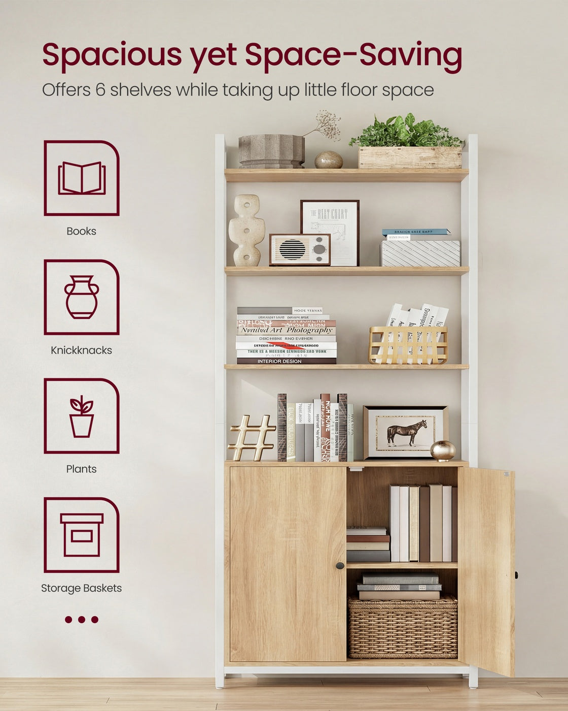 6-Tier Bookshelf - Particleboard and Steel - Golden Oak - with Door