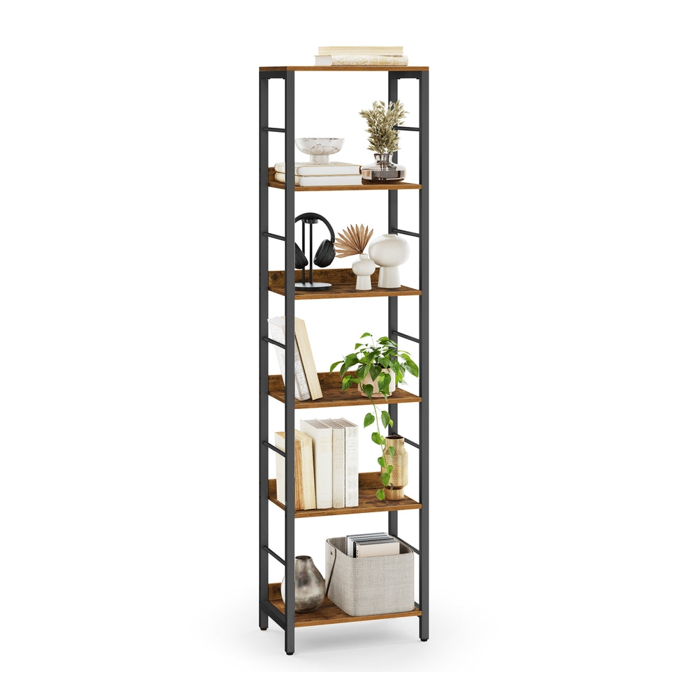 6-Tier Bookcase - Particleboard and Steel - Rustic Brown and Ink Black