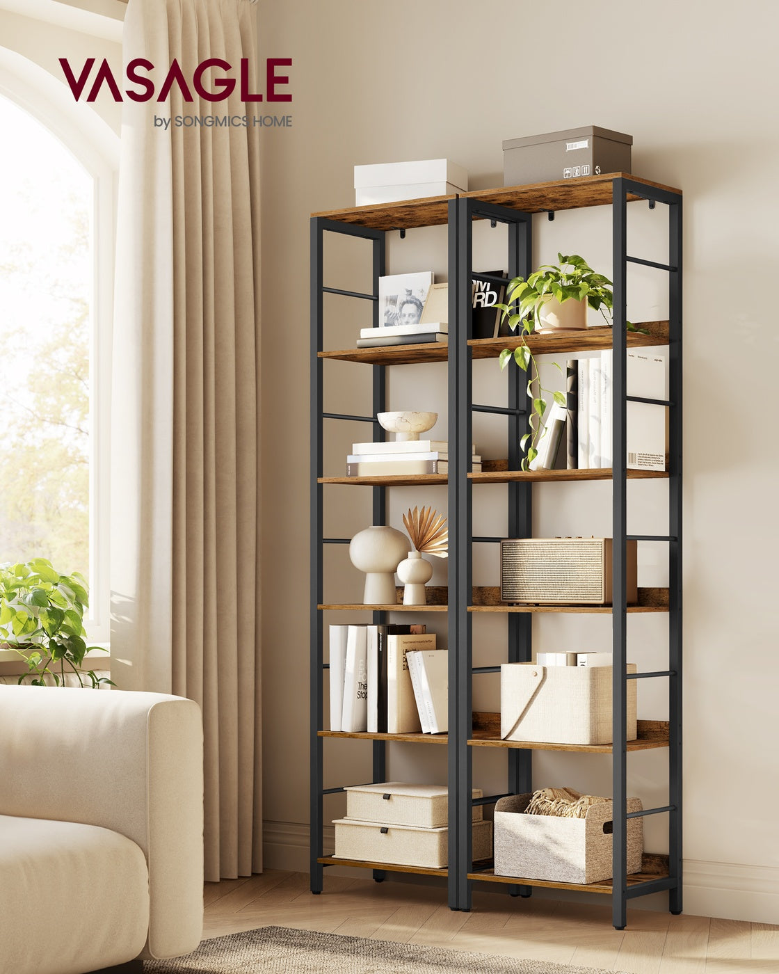 6-Tier Bookcase - Particleboard and Steel - Rustic Brown and Ink Black
