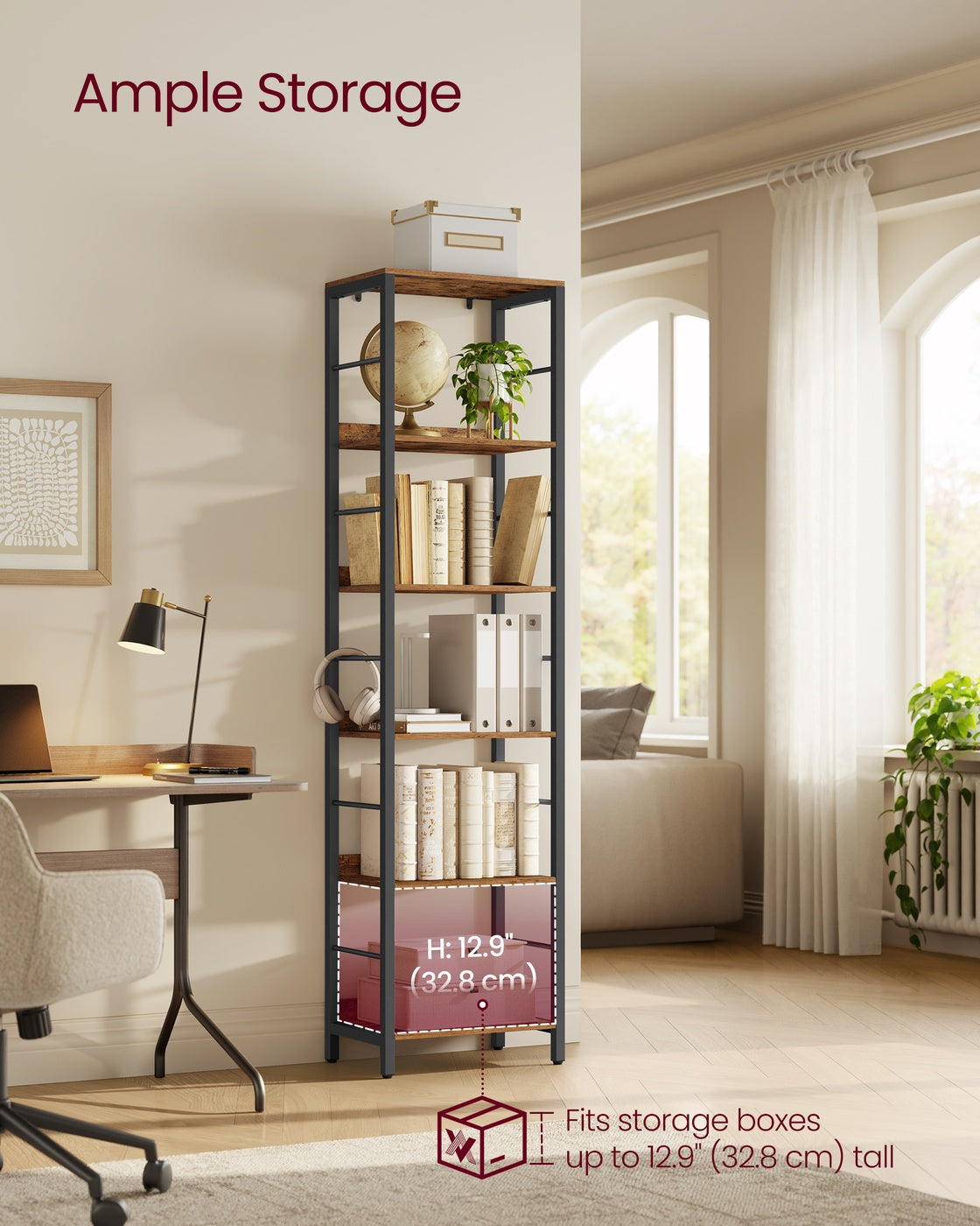 6-Tier Bookcase - Particleboard and Steel - Rustic Brown and Ink Black