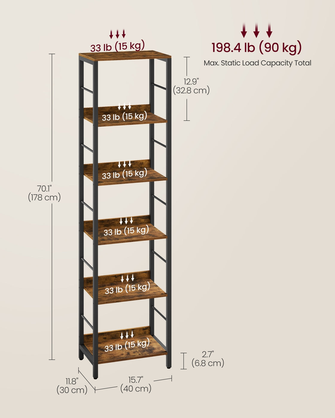 6-Tier Bookcase - Particleboard and Steel - Rustic Brown and Ink Black