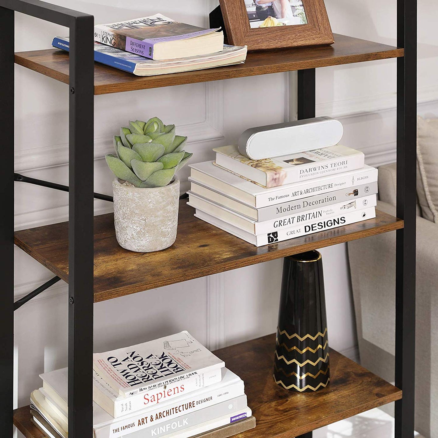 Bookcase - Iron - Rustic Brown - 4-Tier Industrial Ladder Shelf