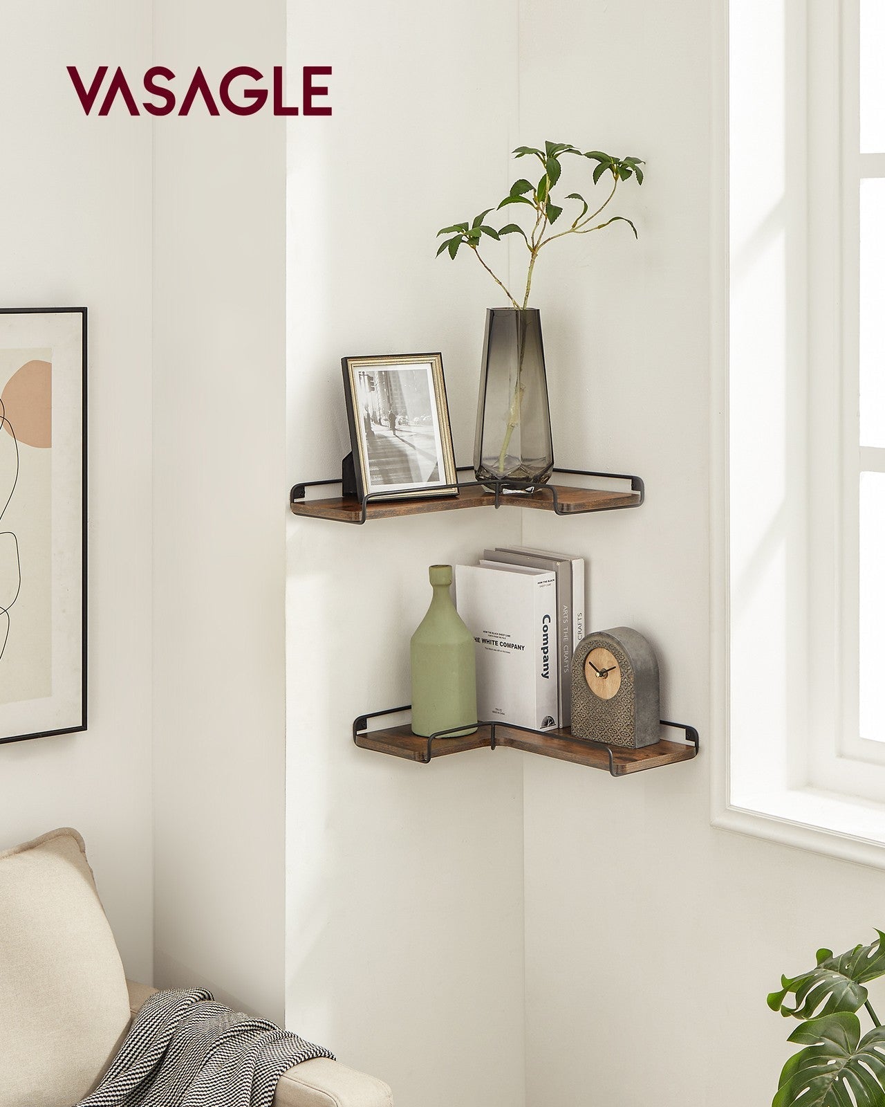 Industrial Floating Corner Shelves - Wood - Rustic Brown and Black - Space-Saving L-Shaped Design