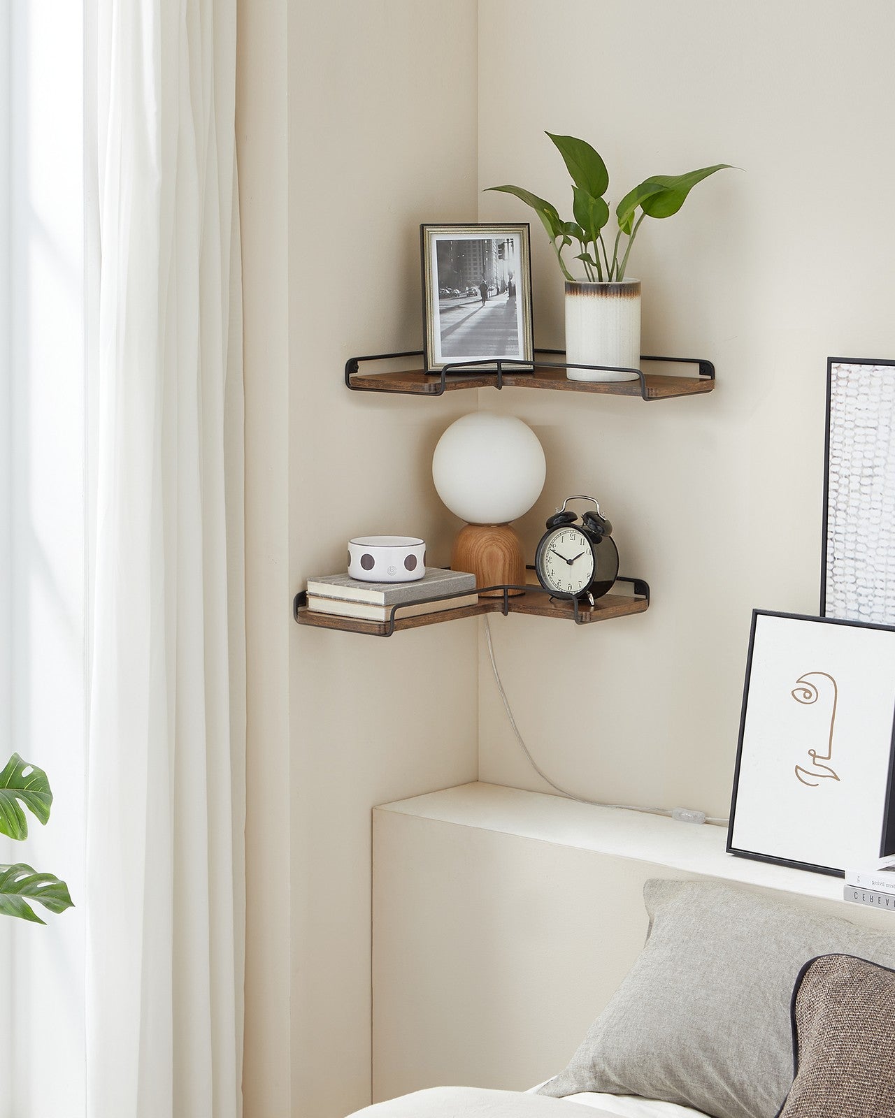 Industrial Floating Corner Shelves - Wood - Rustic Brown and Black - Space-Saving L-Shaped Design