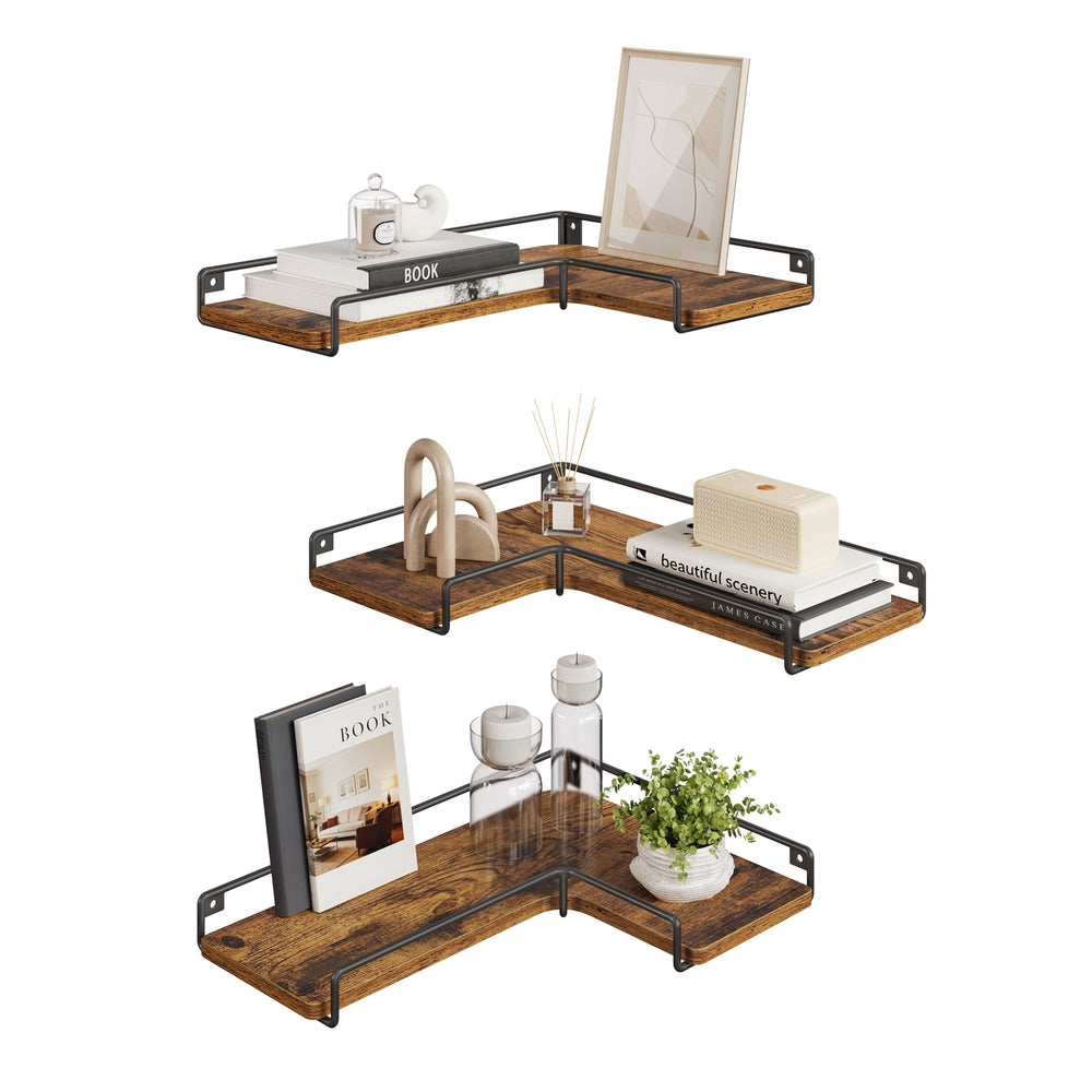 Set of -Shaped Floating Shelves - Wood and Steel - Rustic Brown