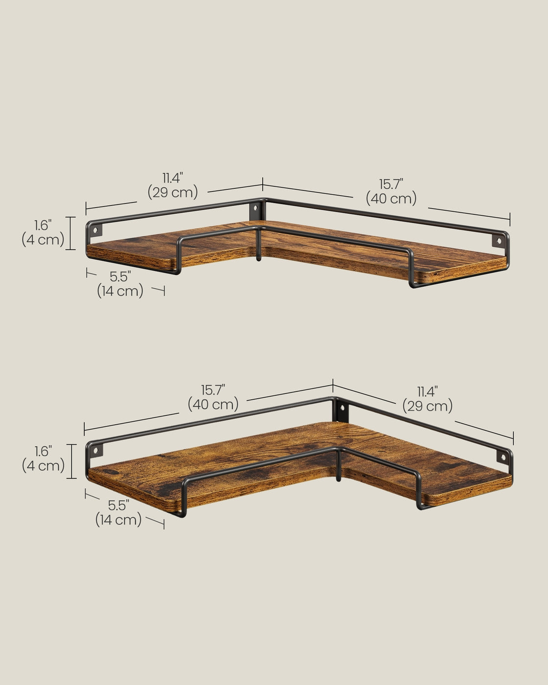 Set of -Shaped Floating Shelves - Wood and Steel - Rustic Brown
