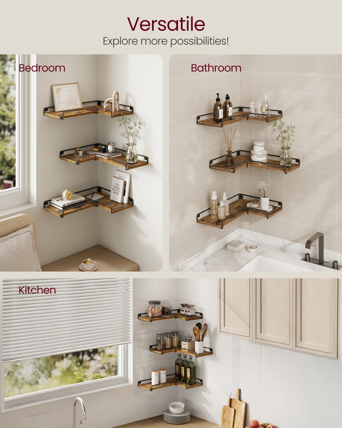Set of -Shaped Floating Shelves - Wood and Steel - Rustic Brown