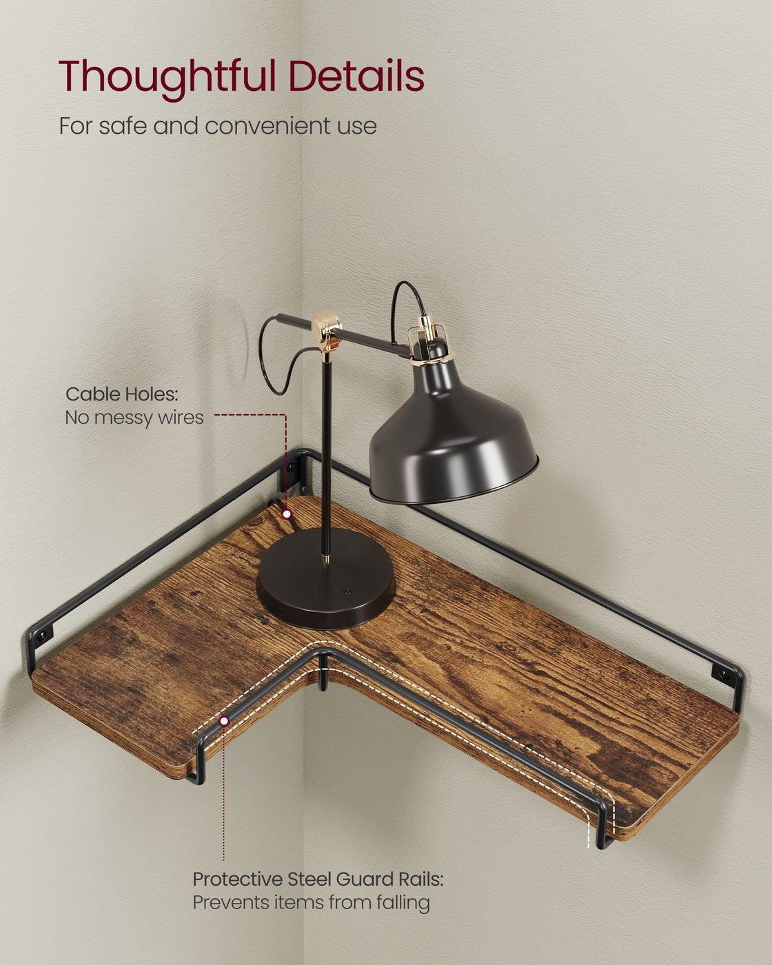 Set of -Shaped Floating Shelves - Wood and Steel - Rustic Brown