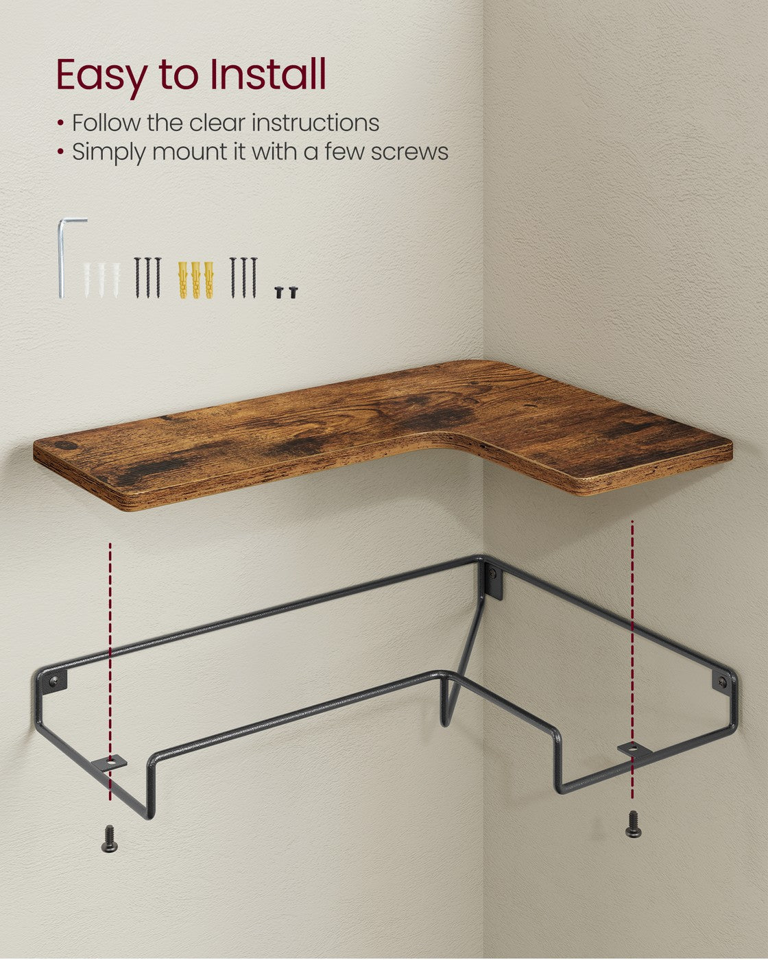 Set of -Shaped Floating Shelves - Wood and Steel - Rustic Brown