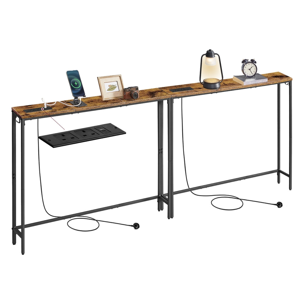 Set of 2 Slim Console Tables - Wood and Steel - Rustic Brown