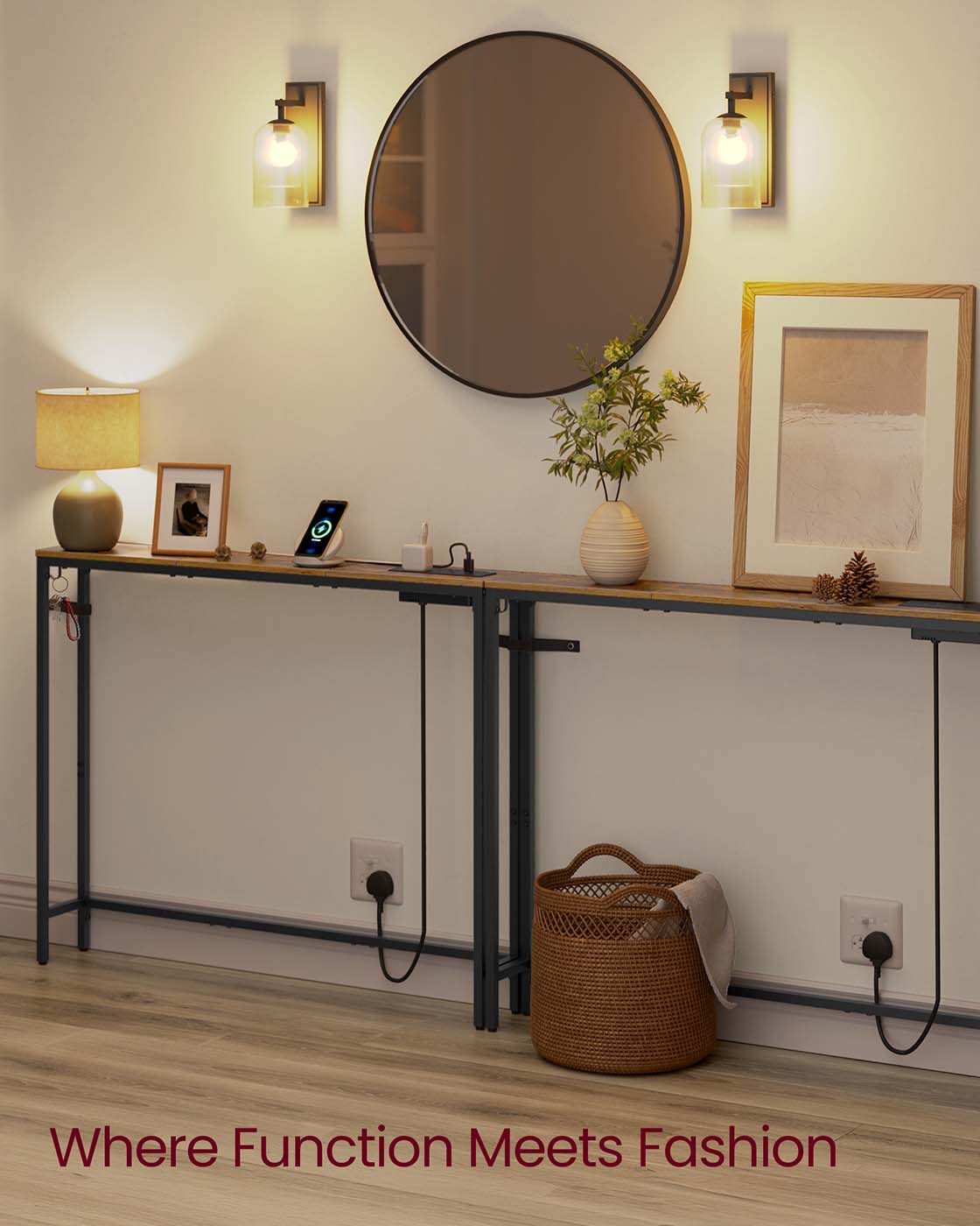 Set of 2 Slim Console Tables - Wood and Steel - Rustic Brown