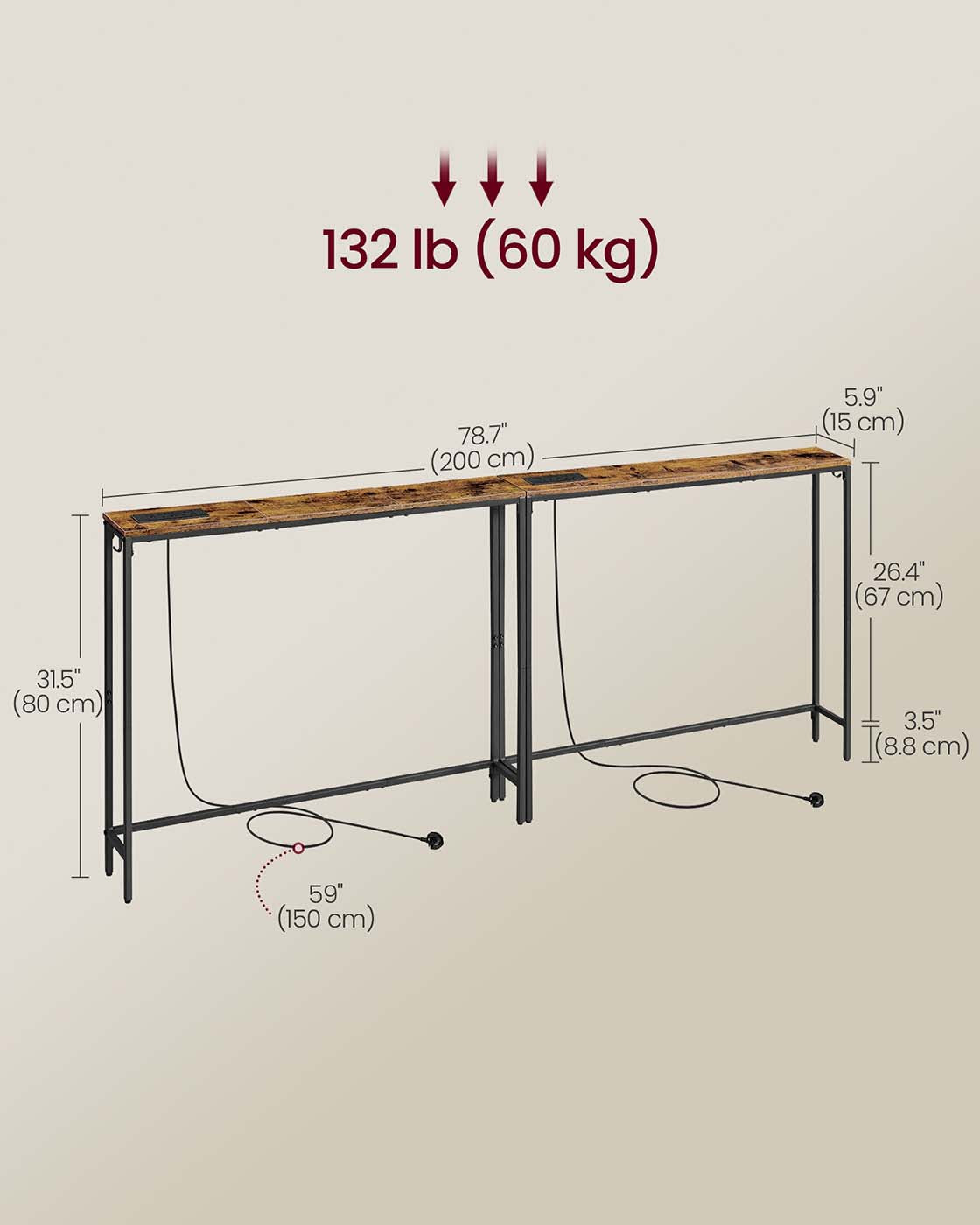 Set of 2 Slim Console Tables - Wood and Steel - Rustic Brown