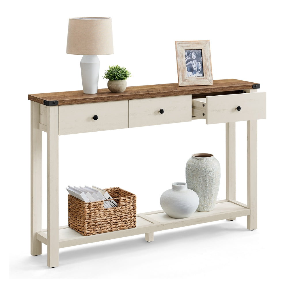 Console Table Narrow Sofa Table - Wood and solid wood - Honey Brown Vintage White - with 3 Drawers