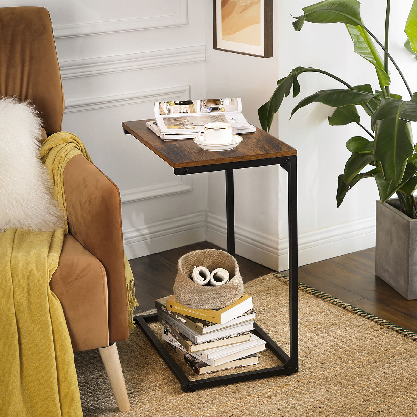 Side Table - Wood - Rustic Brown and Black - Simple Structure