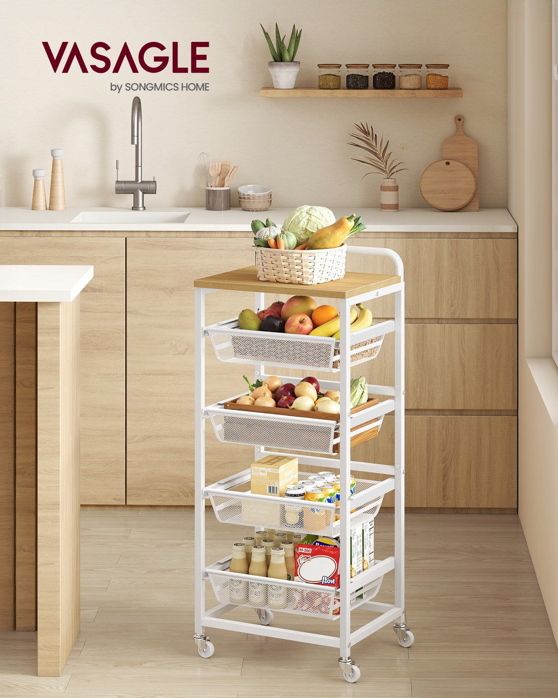 5-Tier Storage Trolley - Wood and Steel - Golden Oak