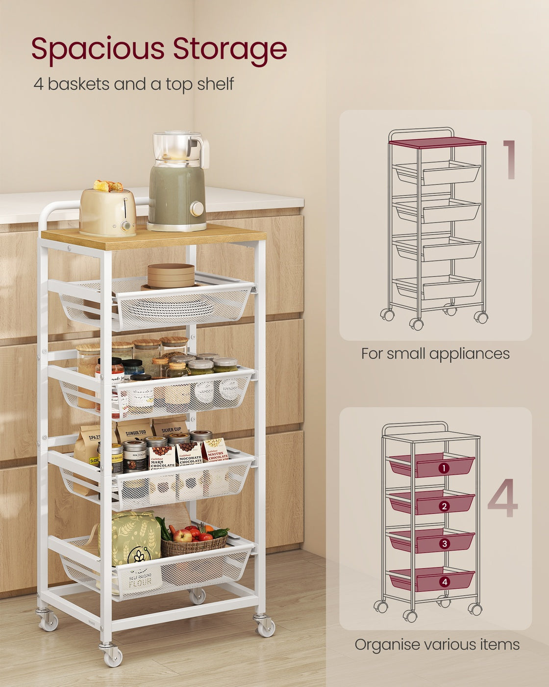 5-Tier Storage Trolley - Wood and Steel - Golden Oak