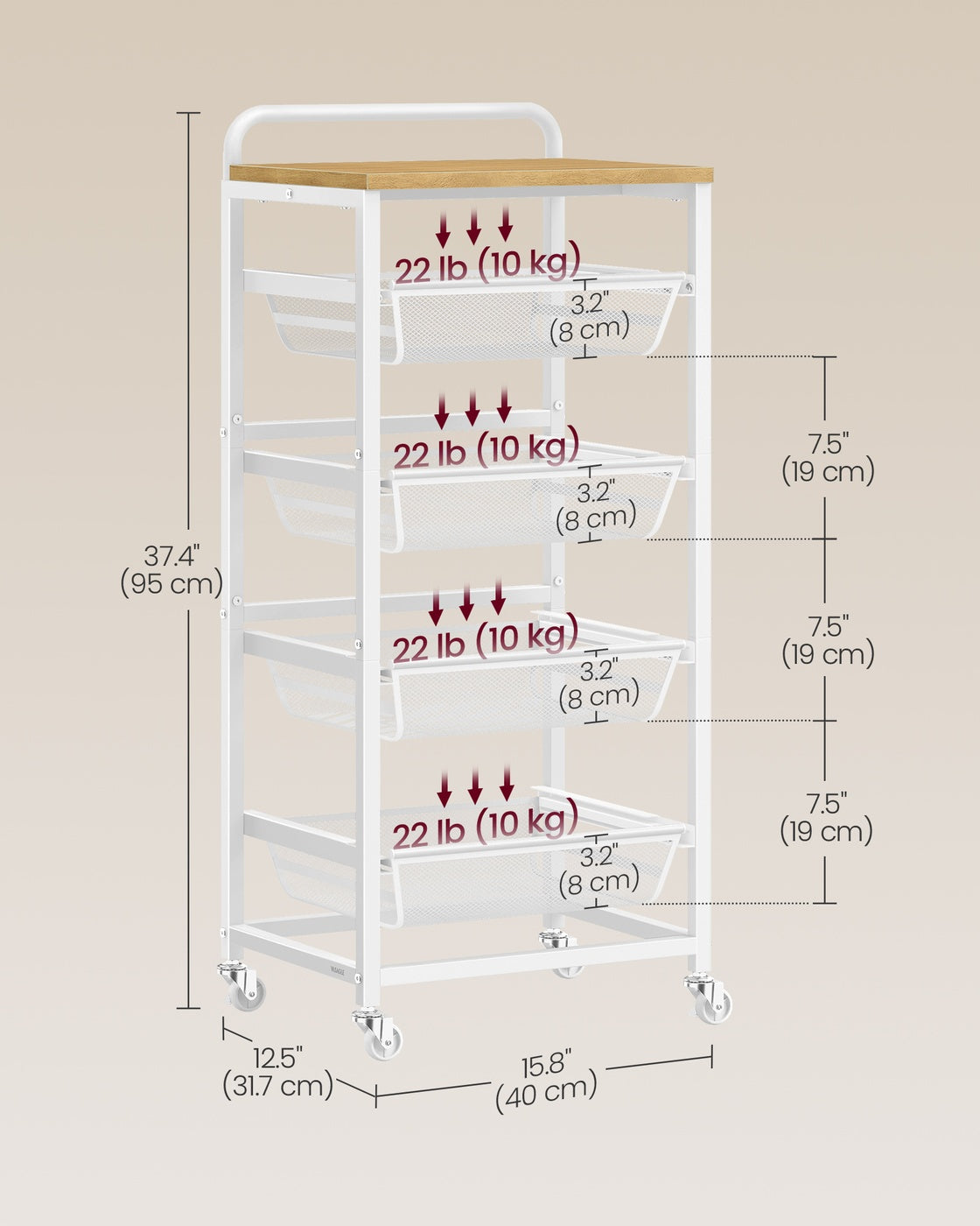5-Tier Storage Trolley - Wood and Steel - Golden Oak