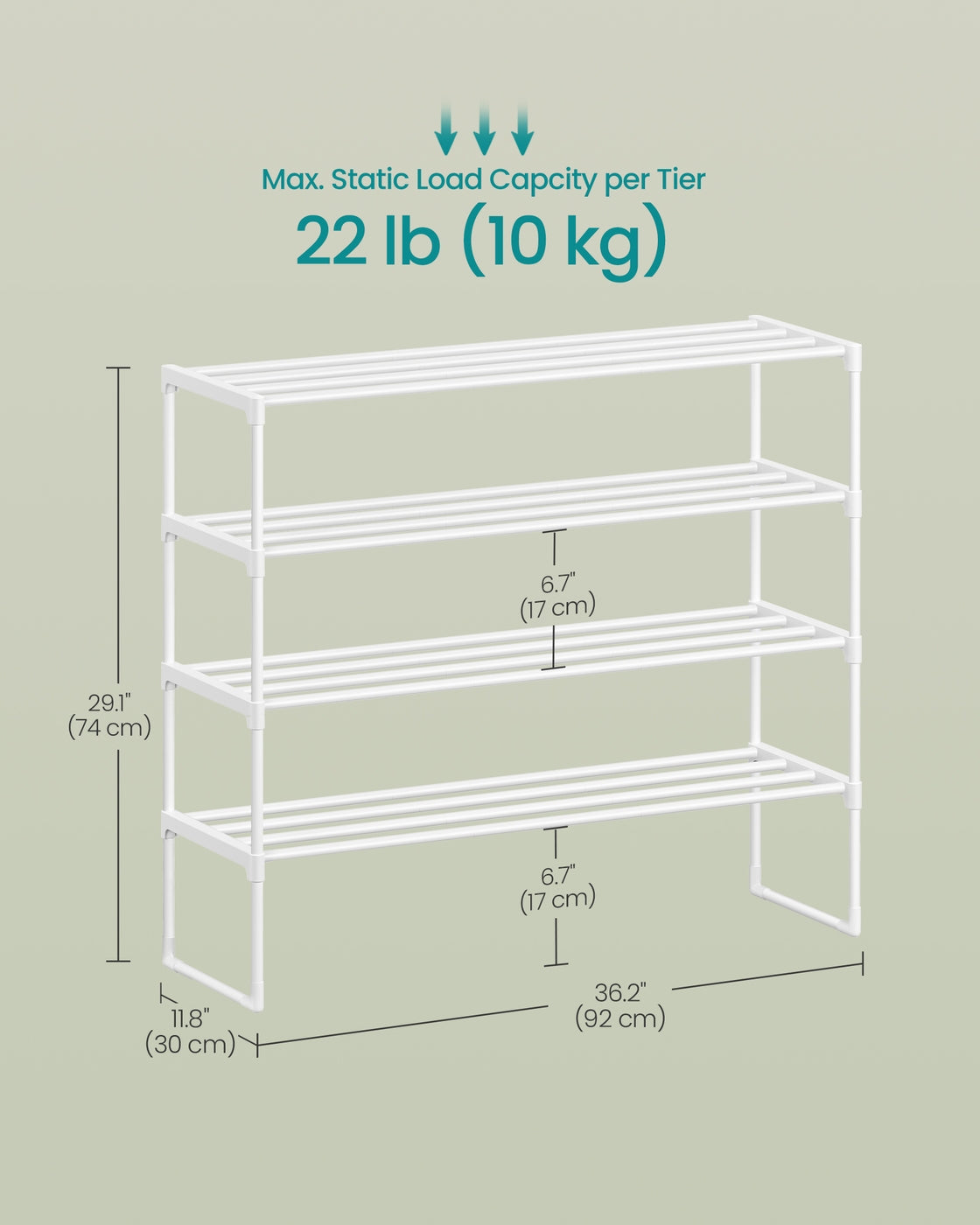 4-Tier Shoe Rack - Metal Tube and Plastic Connector - Pearl White
