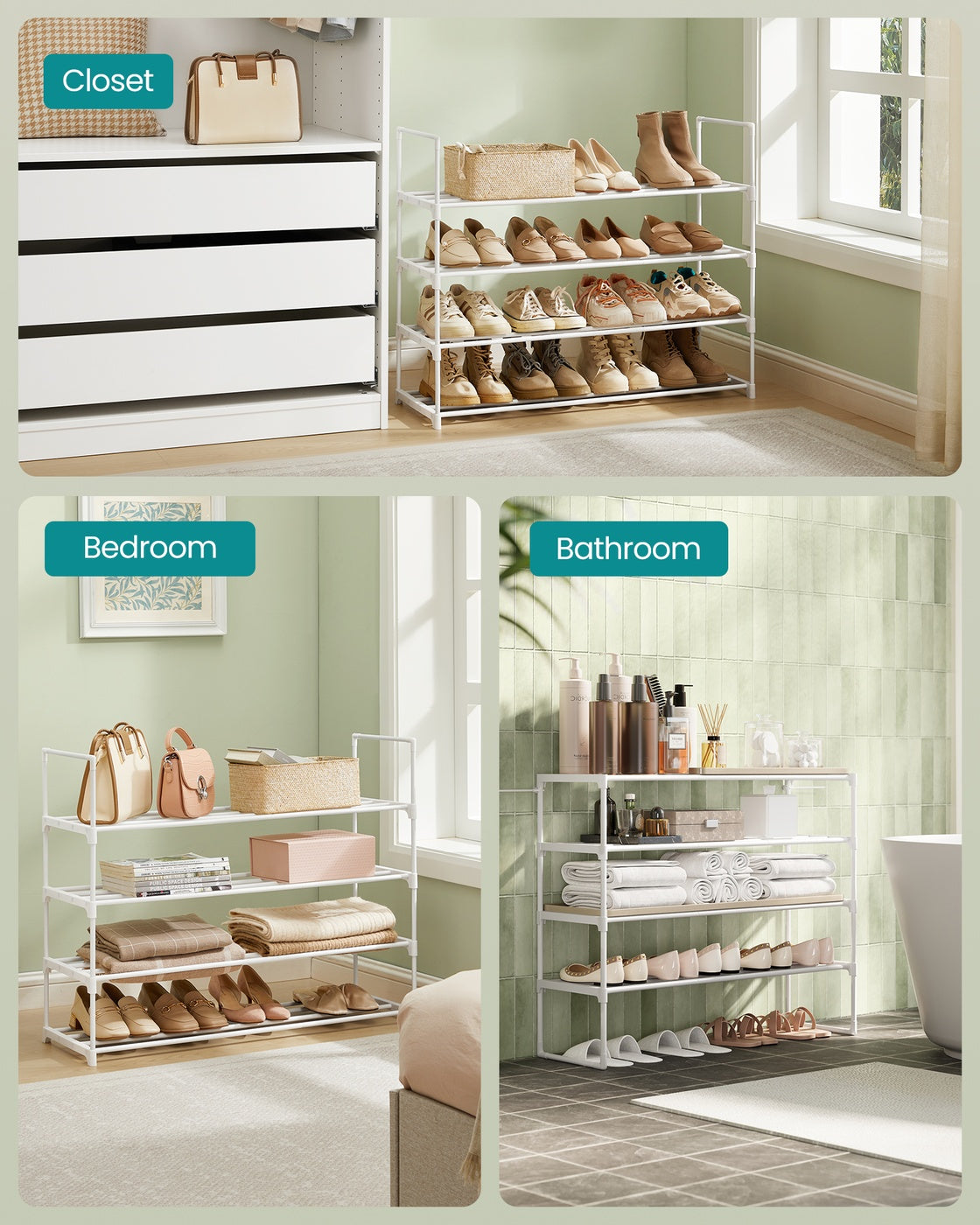 4-Tier Shoe Rack - Metal Tube and Plastic Connector - Pearl White