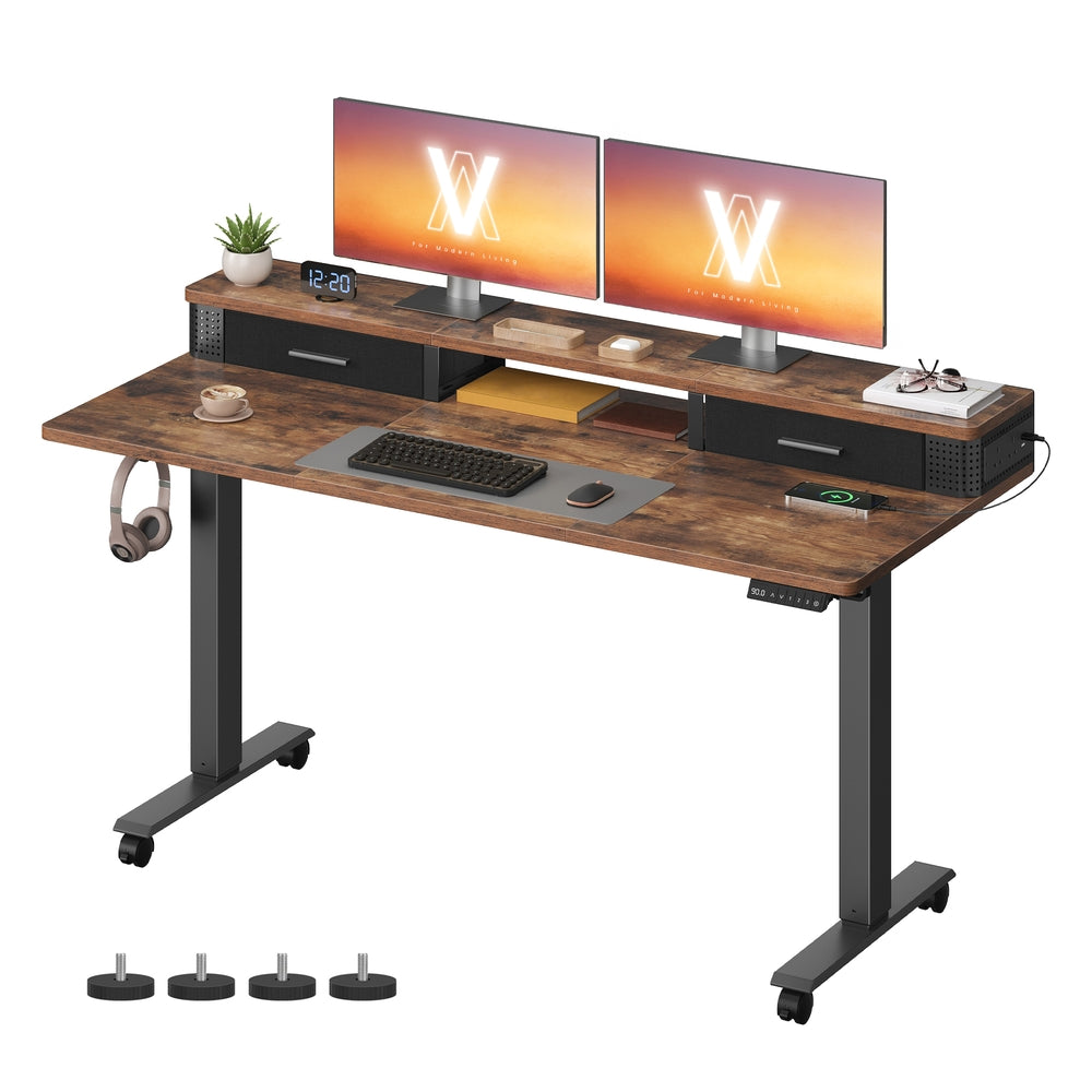 Electric Standing Desk - Wood and Steel - Rustic Brown