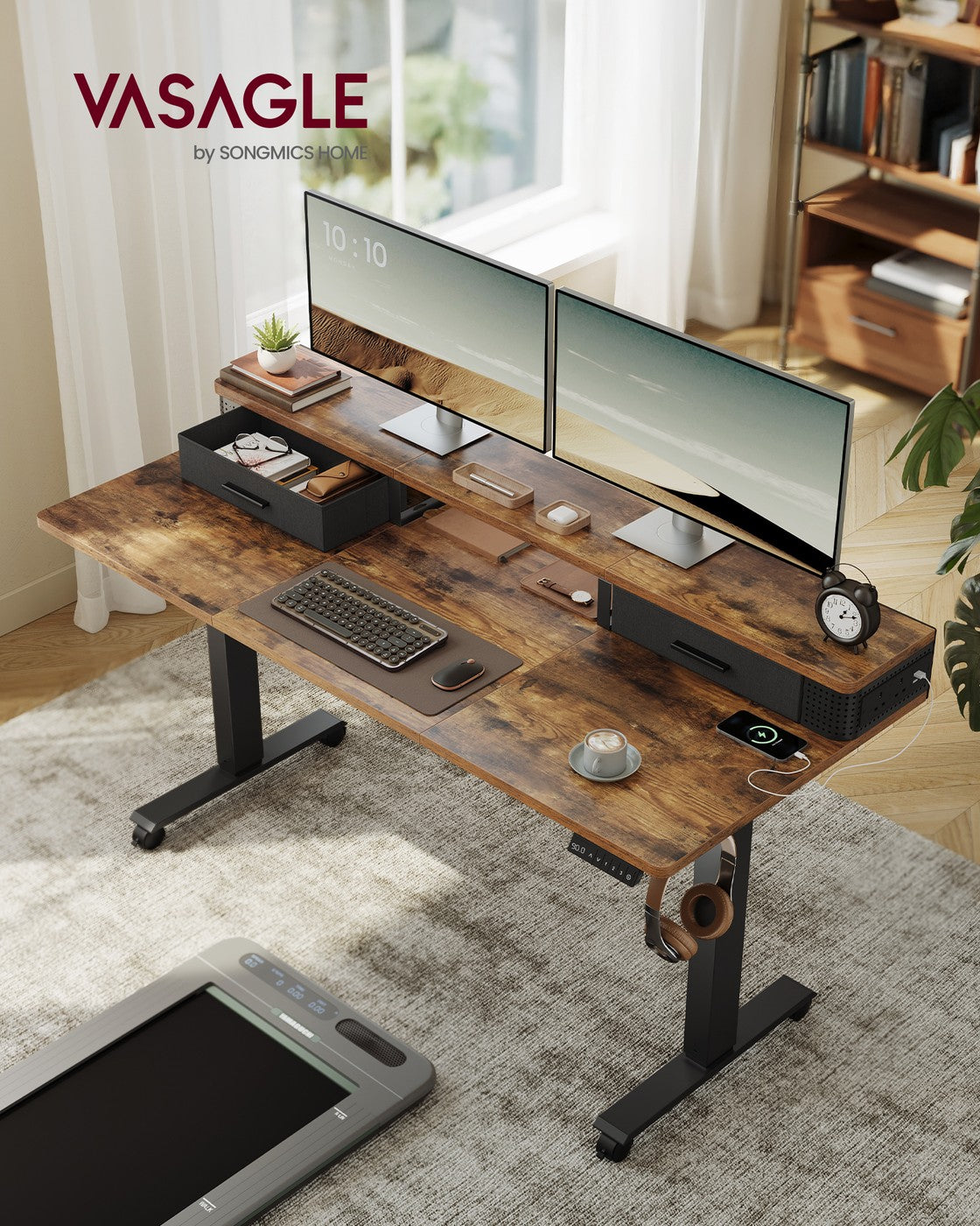 Electric Standing Desk - Wood and Steel - Rustic Brown