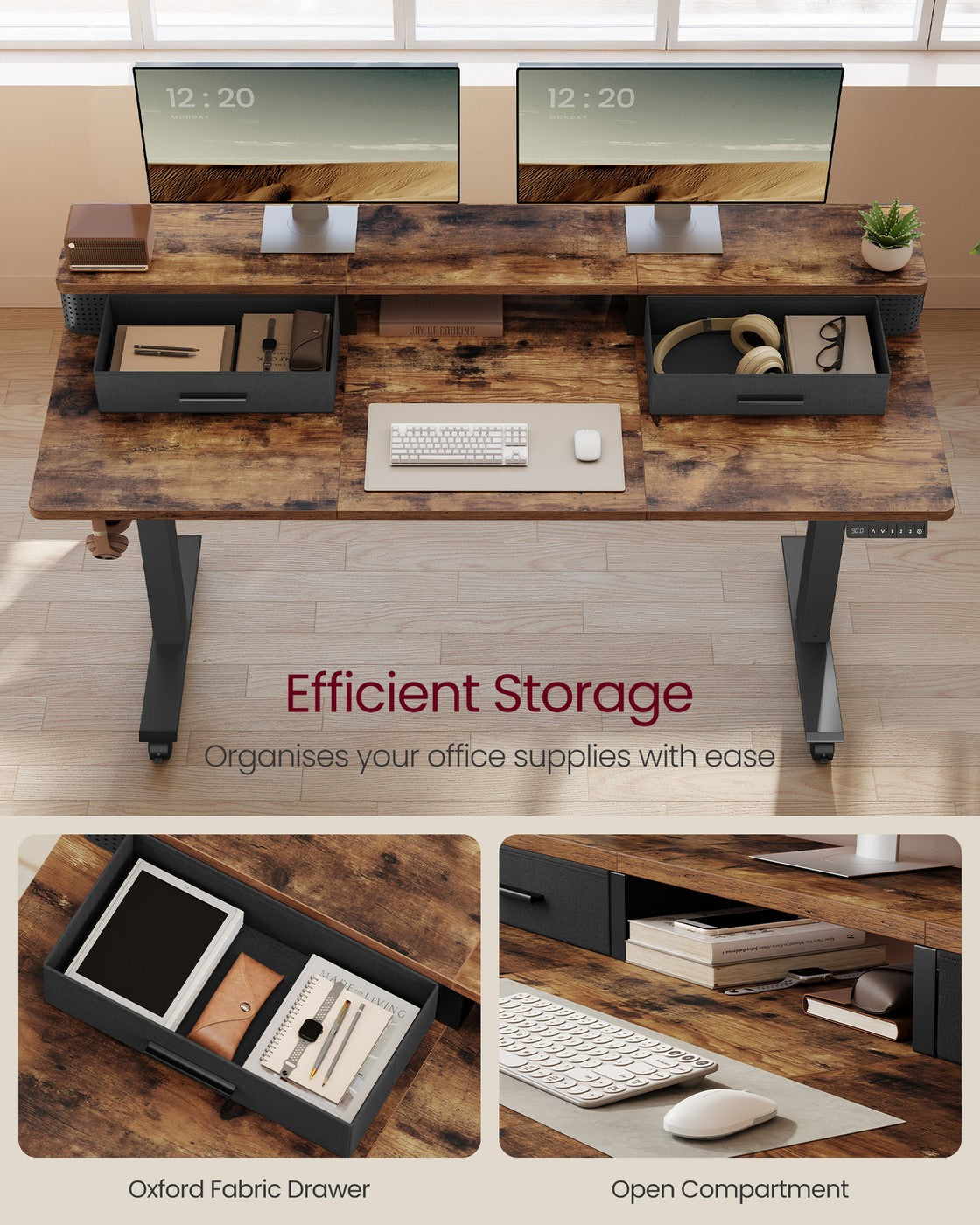 Electric Standing Desk - Wood and Steel - Rustic Brown