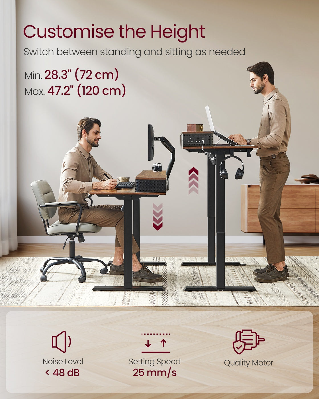 Electric Standing Desk - Wood and Steel - Rustic Brown