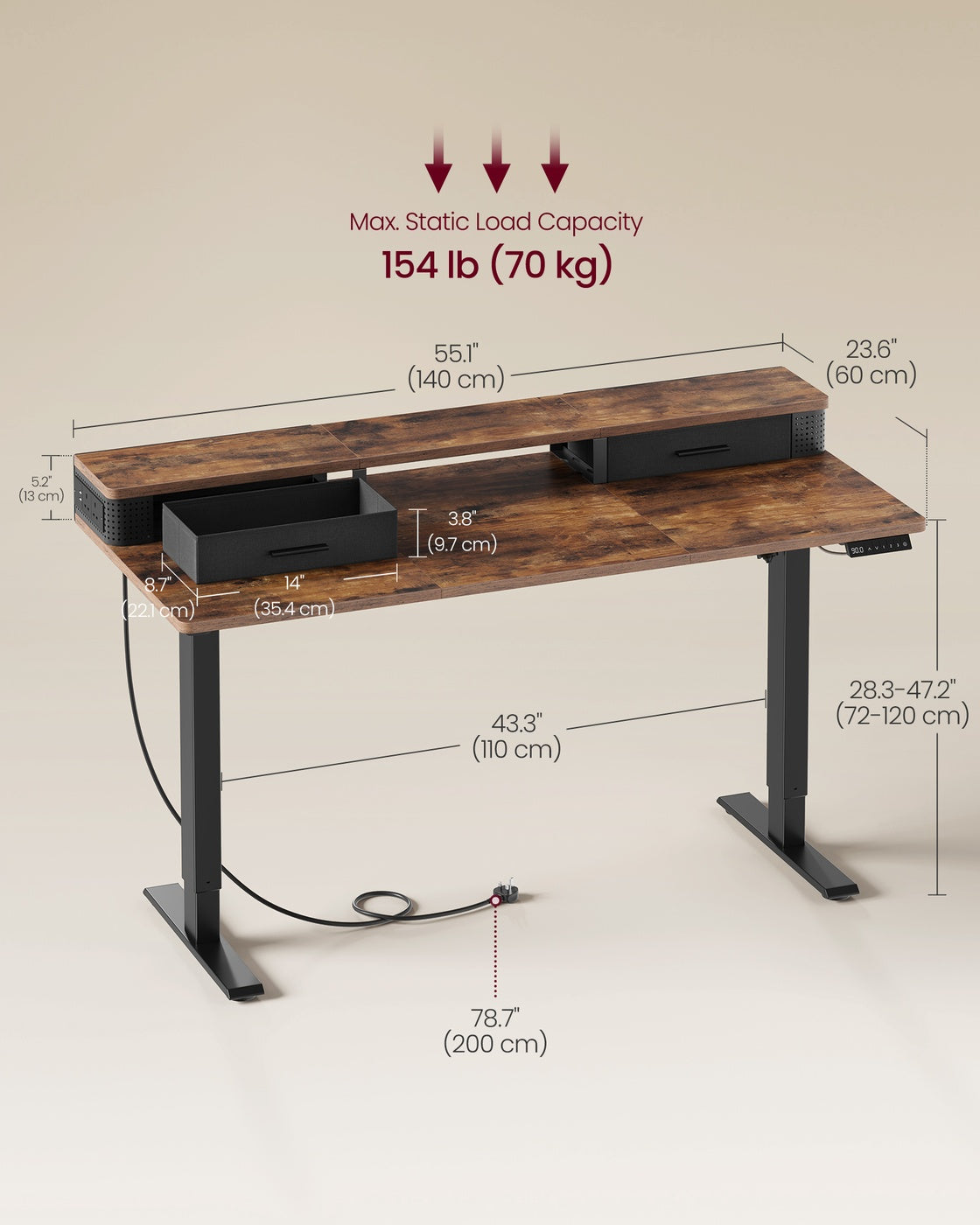 Electric Standing Desk - Wood and Steel - Rustic Brown