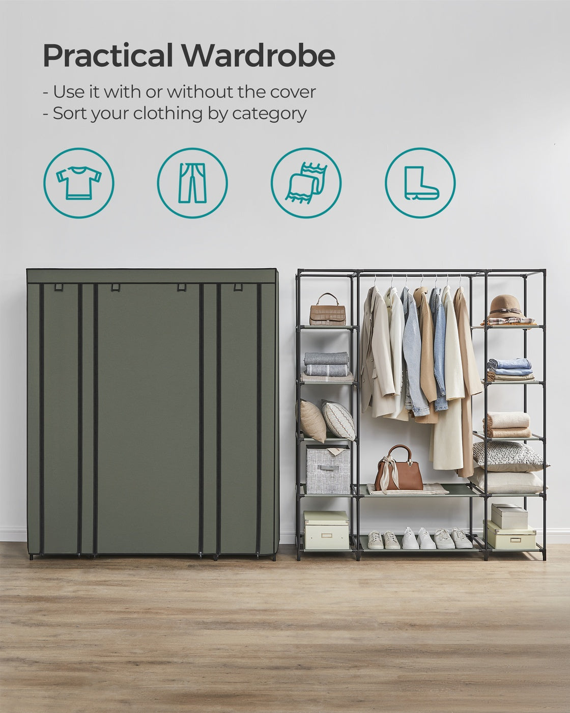 Portable Fabric Wardrobe - Fabric and Metal Tube - Sage Green
