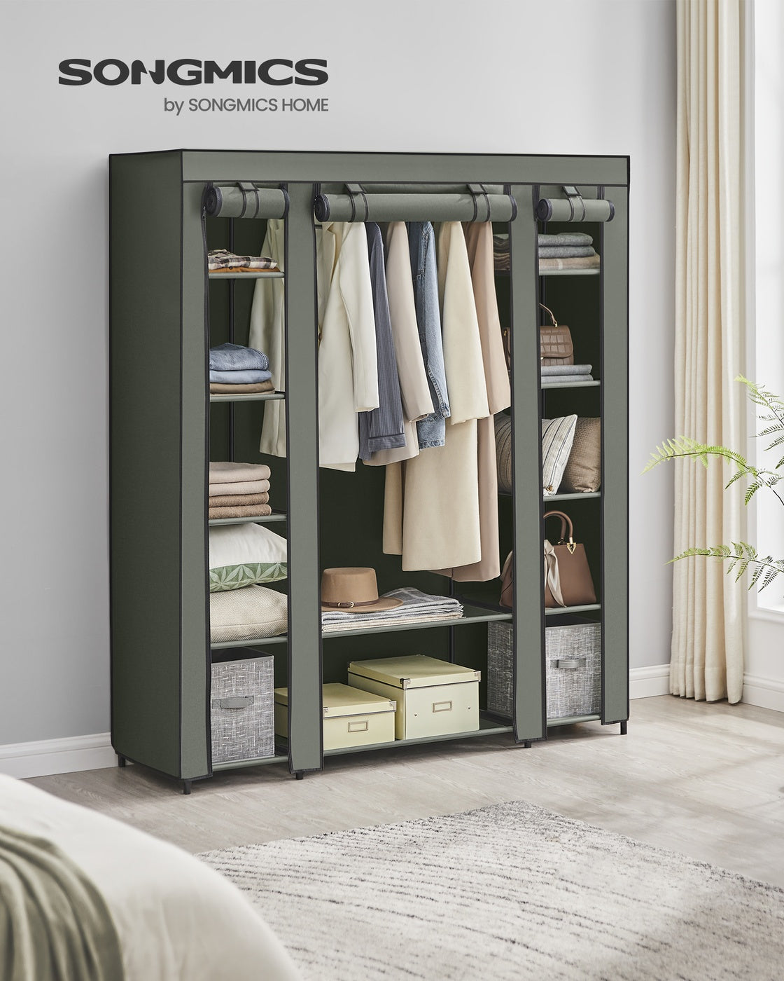 Portable Fabric Wardrobe - Fabric and Metal Tube - Sage Green
