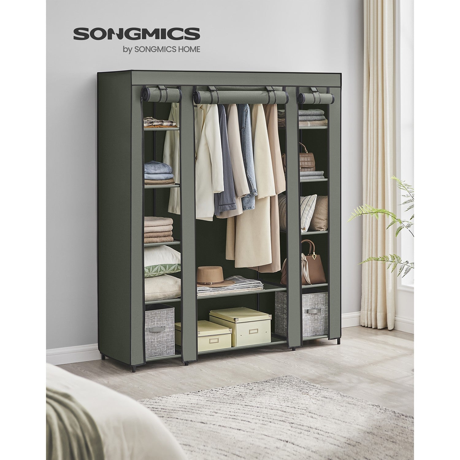 Portable Fabric Wardrobe - Fabric and Metal Tube - Sage Green