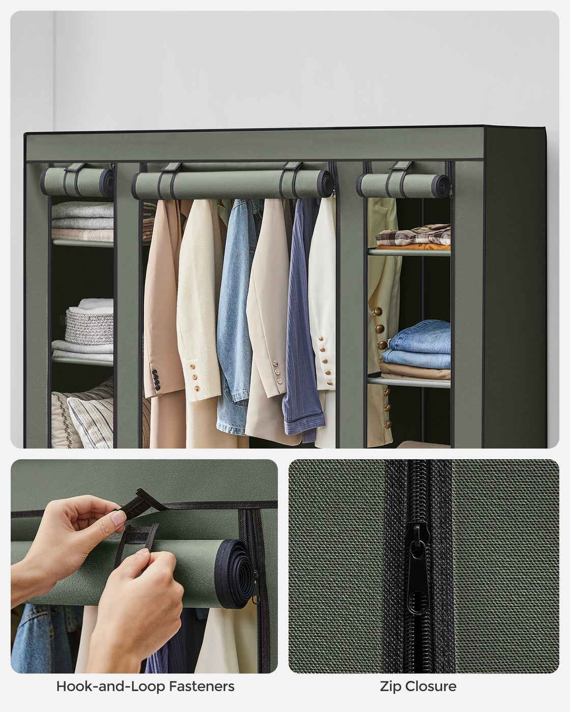 Portable Fabric Wardrobe - Fabric and Metal Tube - Sage Green