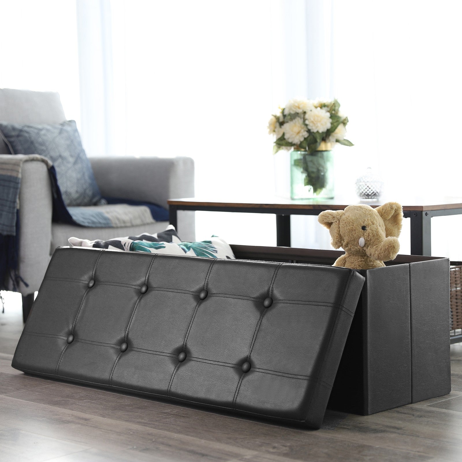 Cube Ottoman - Fabric - Ink Black - Foldable with Storage and 300kg Capacity