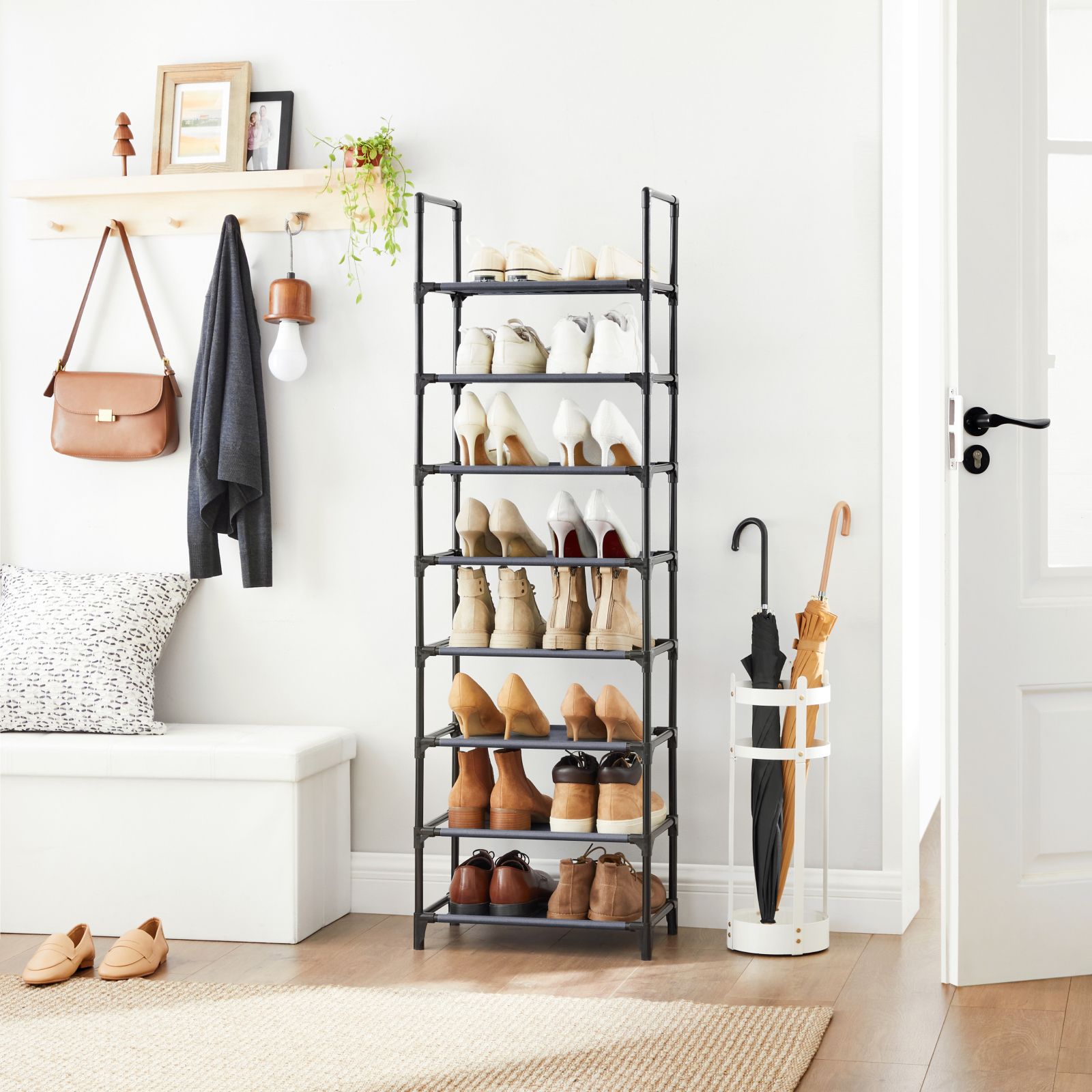 Shoe Organiser Rack - 8-Tier, Holds 16-20 Pairs - Metal - Grey