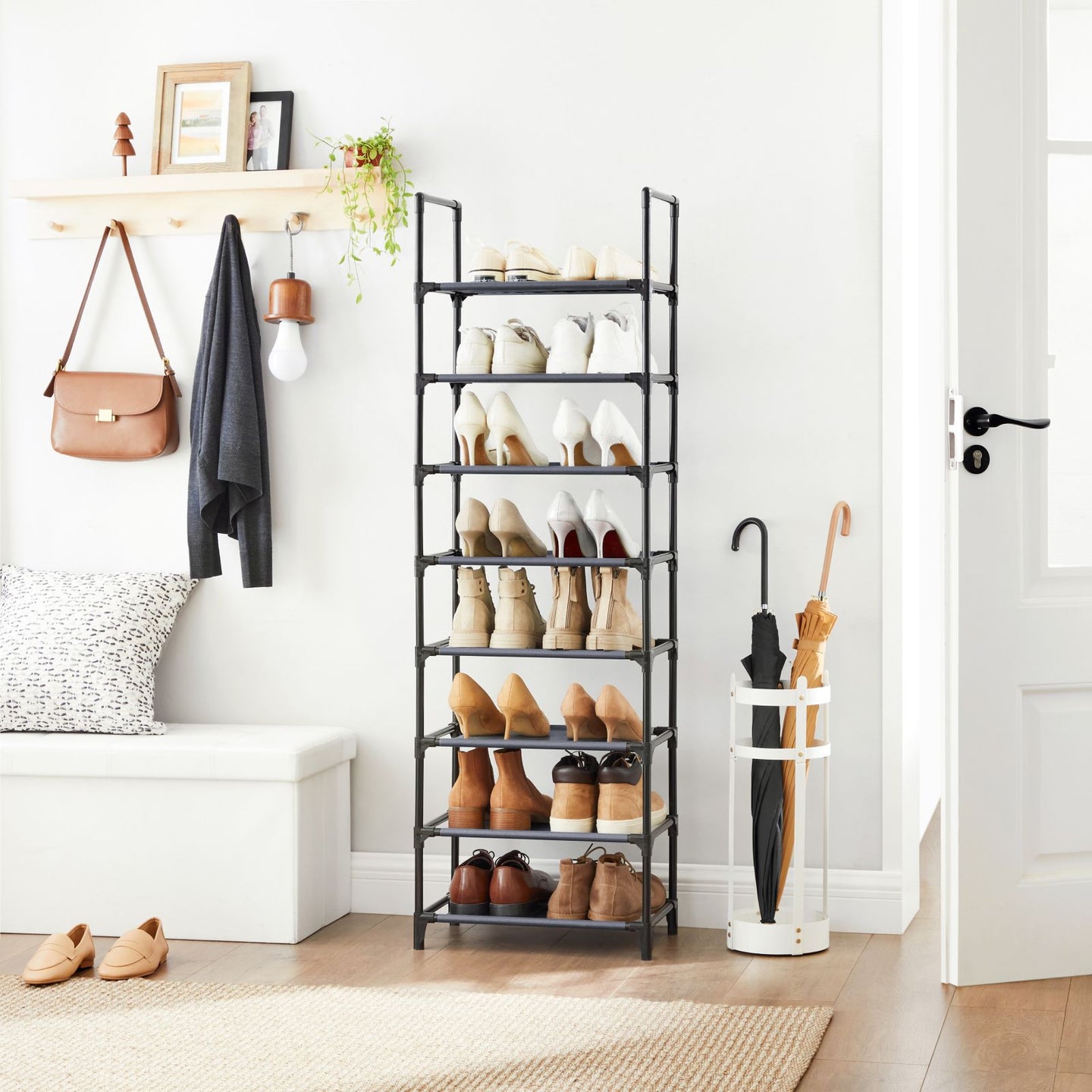 Shoe Organiser Rack - 8-Tier, Holds 16-20 Pairs - Metal - Grey