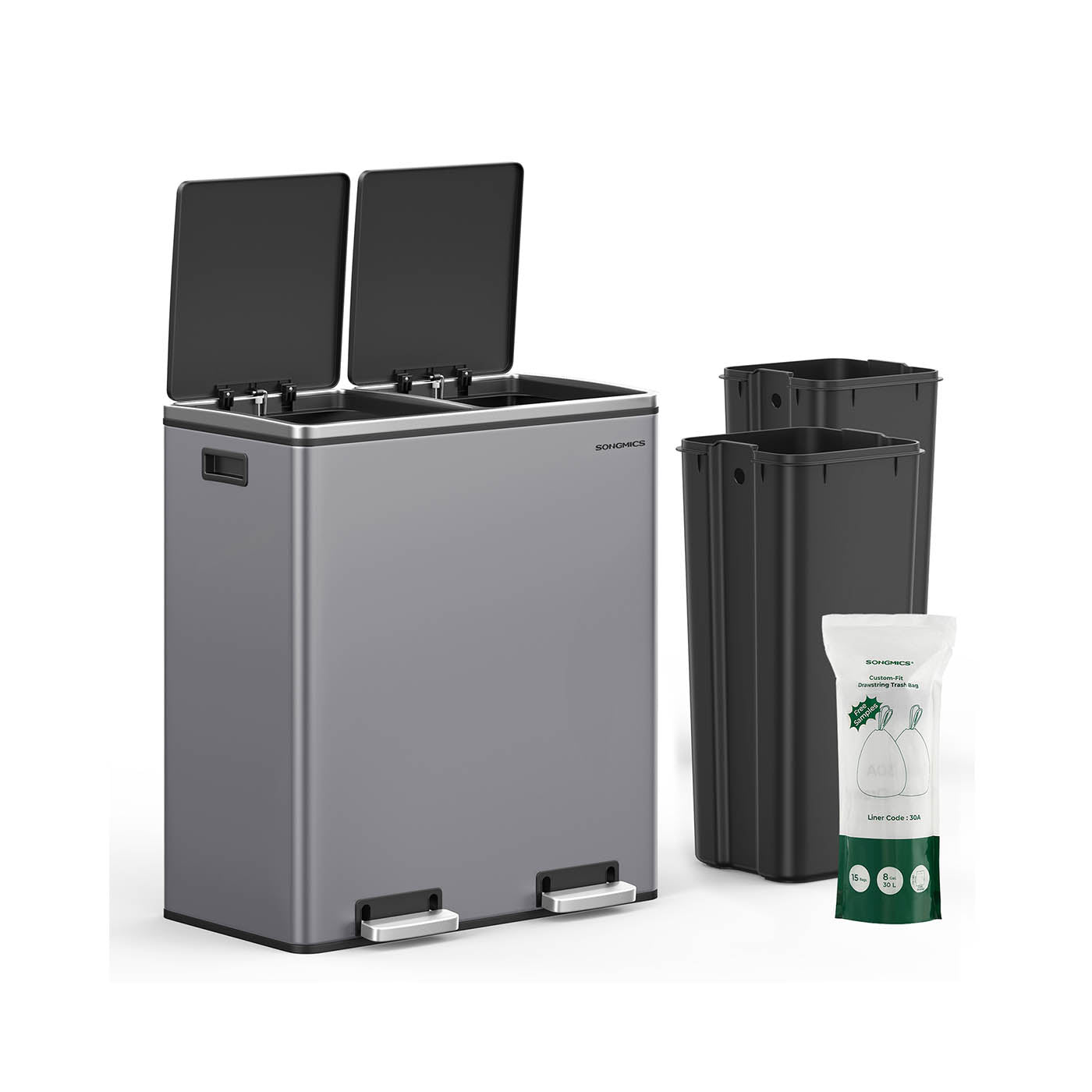 Dual Compartment Rubbish Bin - Plastic - Slate Grey - Soft Close