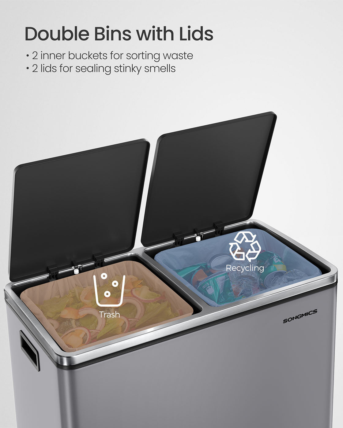 Dual Compartment Rubbish Bin - Plastic - Slate Grey - Soft Close